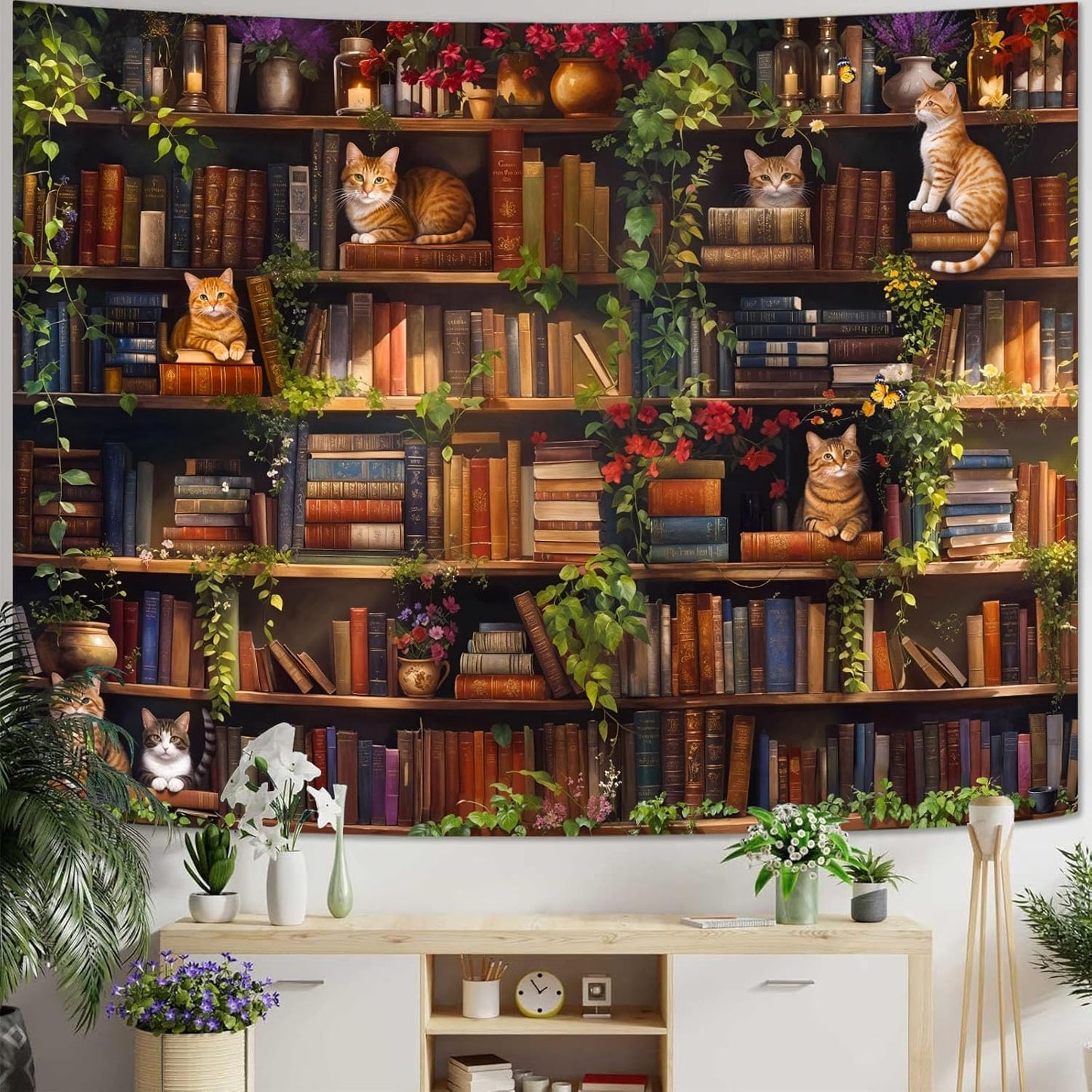 Accnicc Plant Cat Bookshelf Tapestry Botanical Floral Flower Cats Book Tapestries Wall Hanging Vintage Library Large Tapestry for Bedroom Living Room Dorm 80 x 60 inch