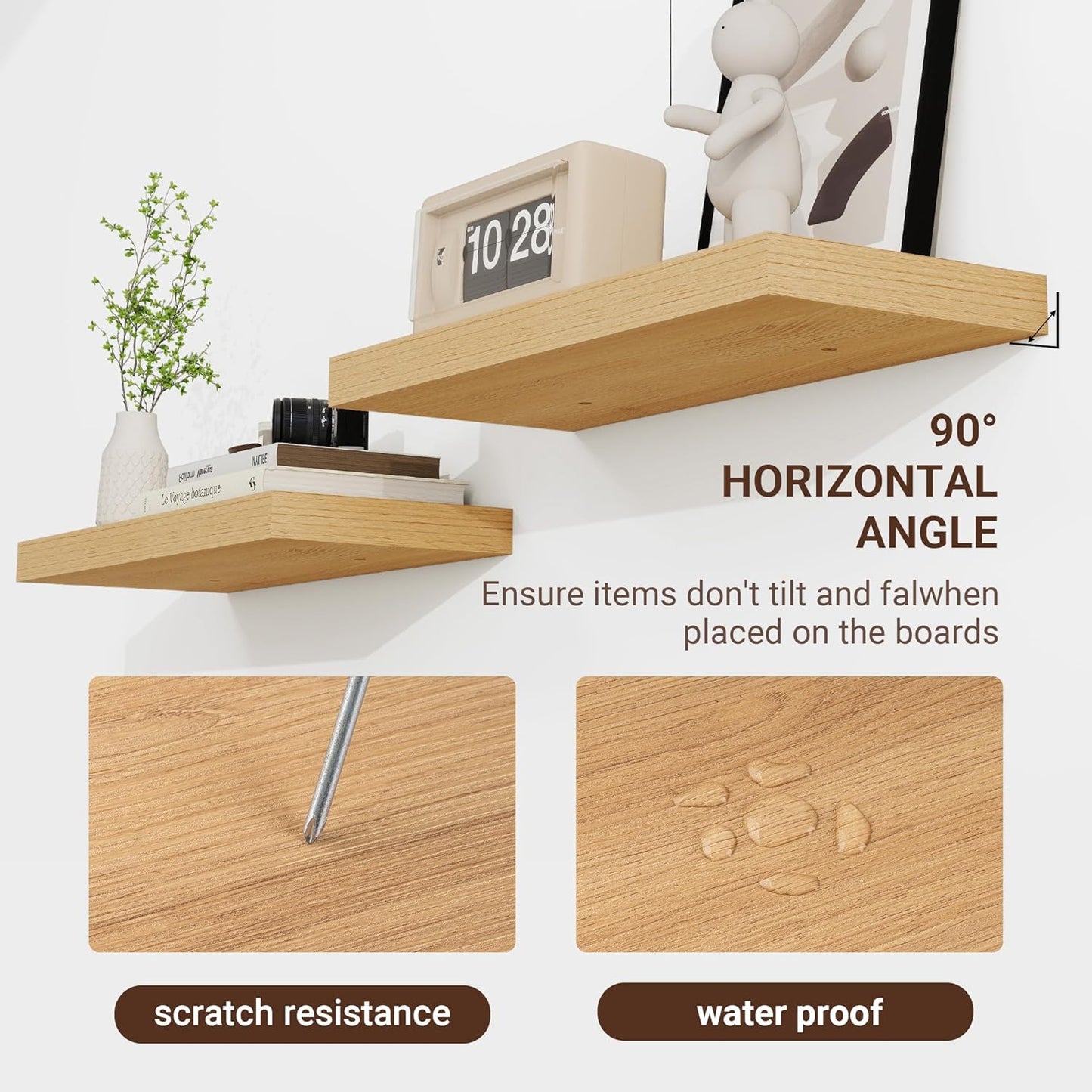 55 Inch Floating Shelves, 3D Textured Wood Grain, 55"x9.25"x1.5" Inch Deep Floating Shelves for Wall, Wooden Shelves for Bathroom, Bedroom, Living Room, Natural