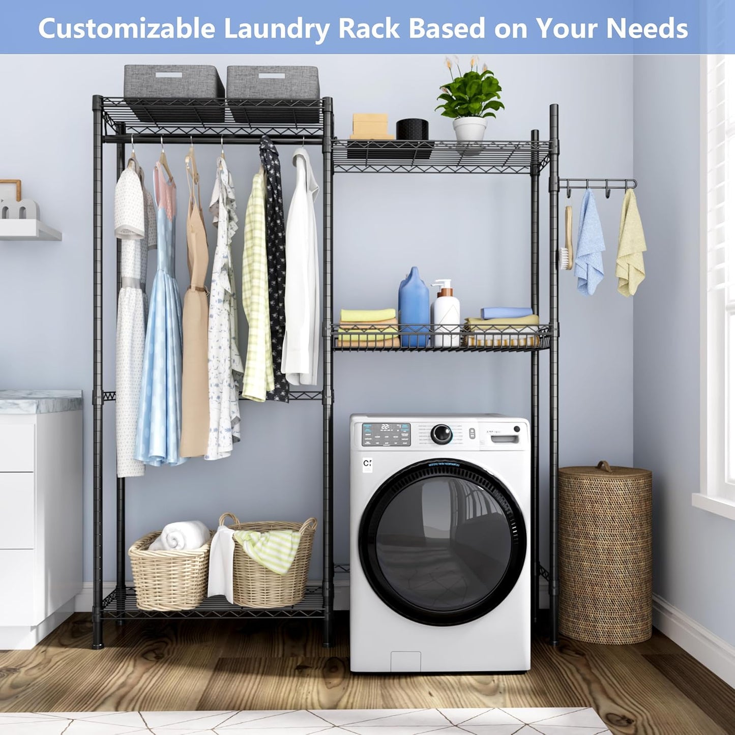 Over Washer and Dryer Shelves,Laundry Room Storage Organization Clothes Drying Rack,4 Tier Adjustable Height Wire Shelving with Wire Basket,Hanger Rod&Hook,Space Saving Shelf