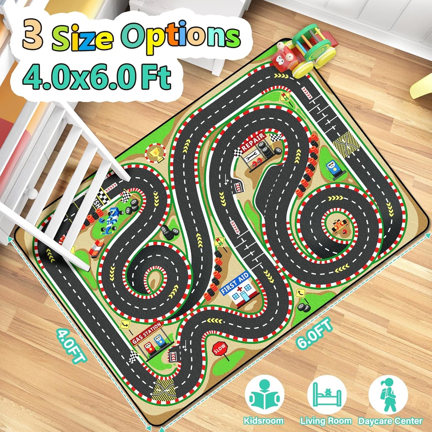 Kids Rug, Race Track Baby Play Mats, Realistic 3D Cascading Surround Route, 4x6 Ft Kids Rug for Playroom, Great for Playing with Cars and Toys, Non-Slip Car Carpet