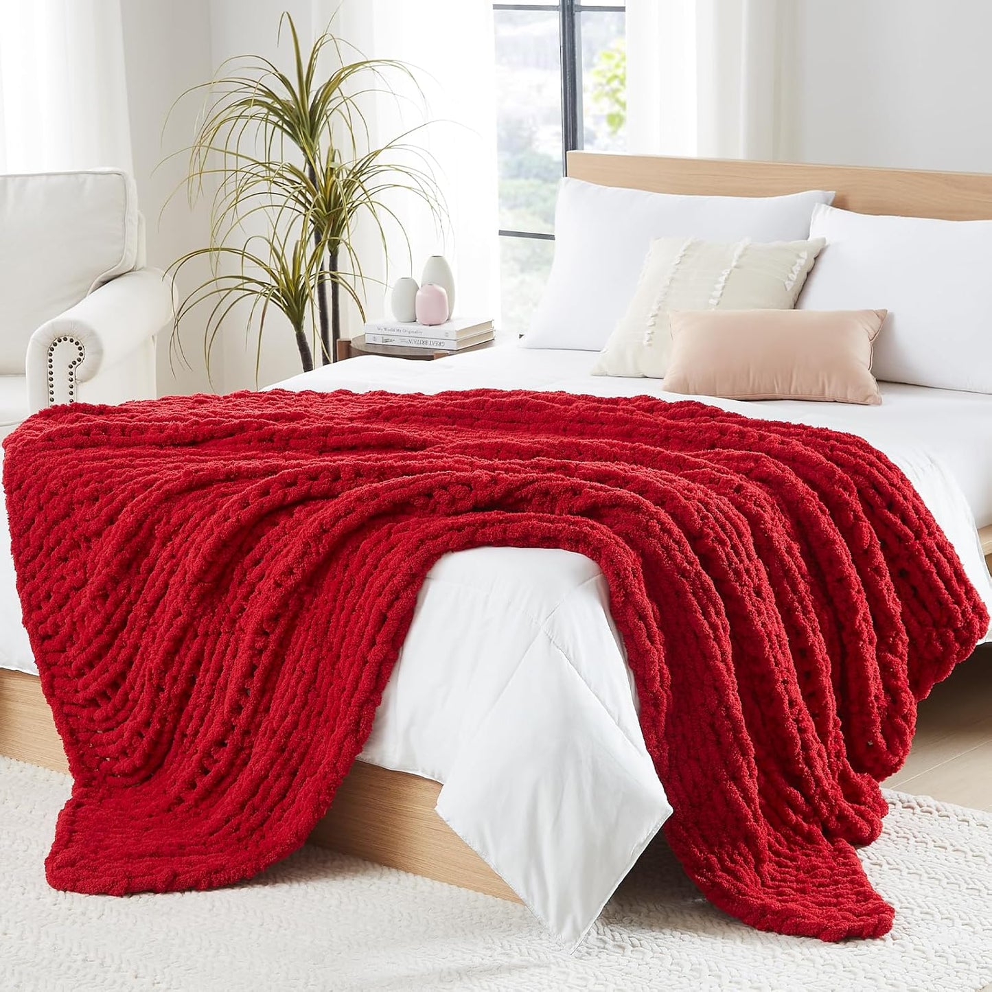 L'AGRATY Chunky Knit Throw: 72''x84'' Chenille Blanket for Bed Couch - Handmade Thick Big Cable Knit - Large Crochet Rope for Home Decor (Red)