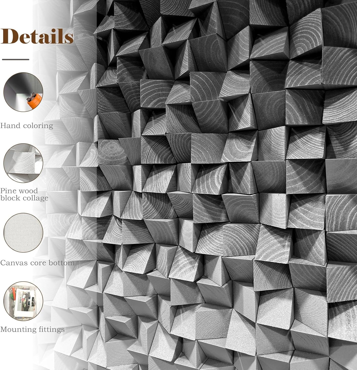 LIUZEYUE - Wooden Block Stereoscopic Painting Geometric Modeling Wall Decoration 3D Wooden Artwork Living Room Bedroom Background Wall Office Decoration Black and White Gradient 31.5 x 63 inches