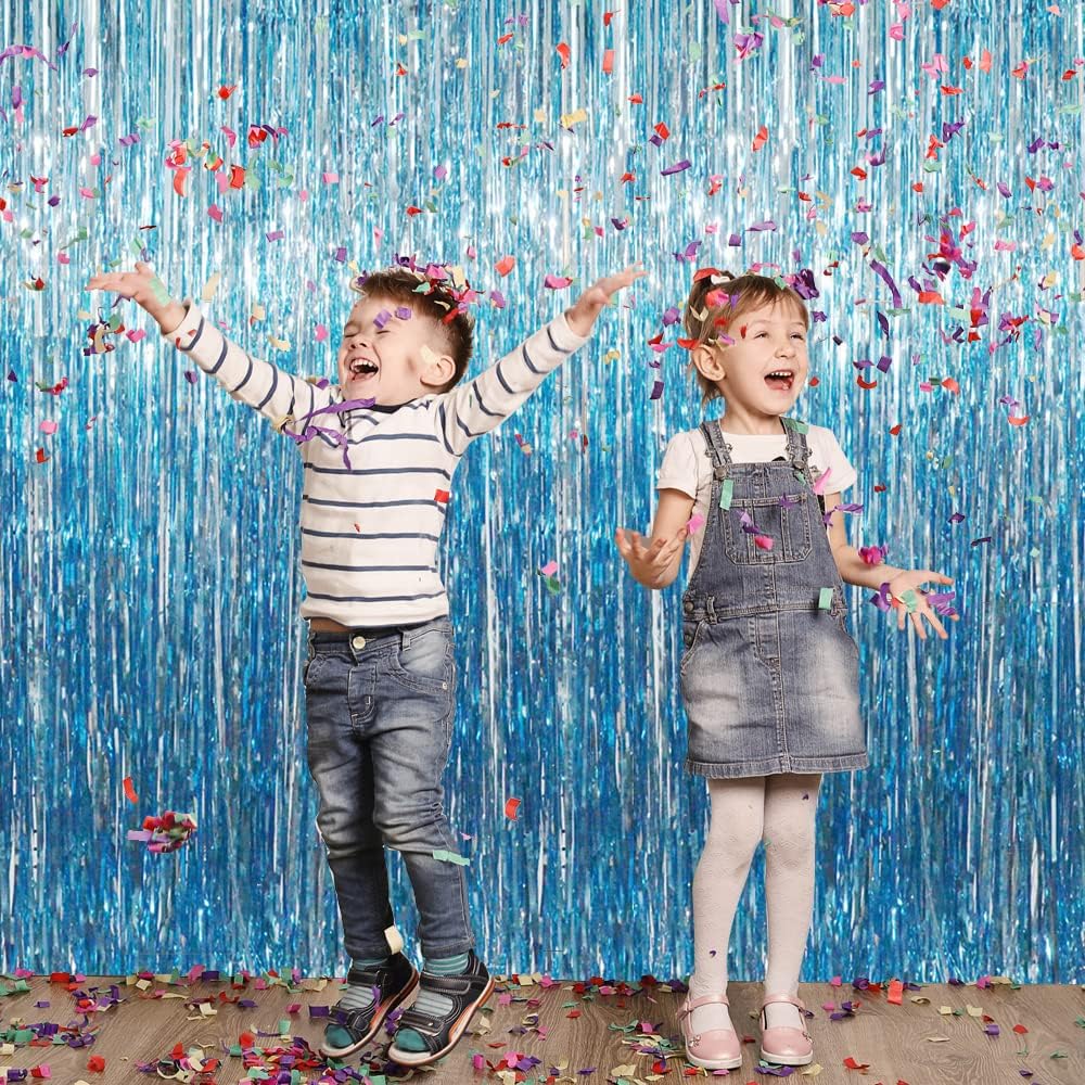 GOER 3.2 ft x 9.8 ft Metallic Tinsel Foil Fringe Curtains Party Photo Backdrop Party Streamers for Birthday,Graduation,New Year Eve Decorations Wedding Decor (Light Blue,3 pcs)