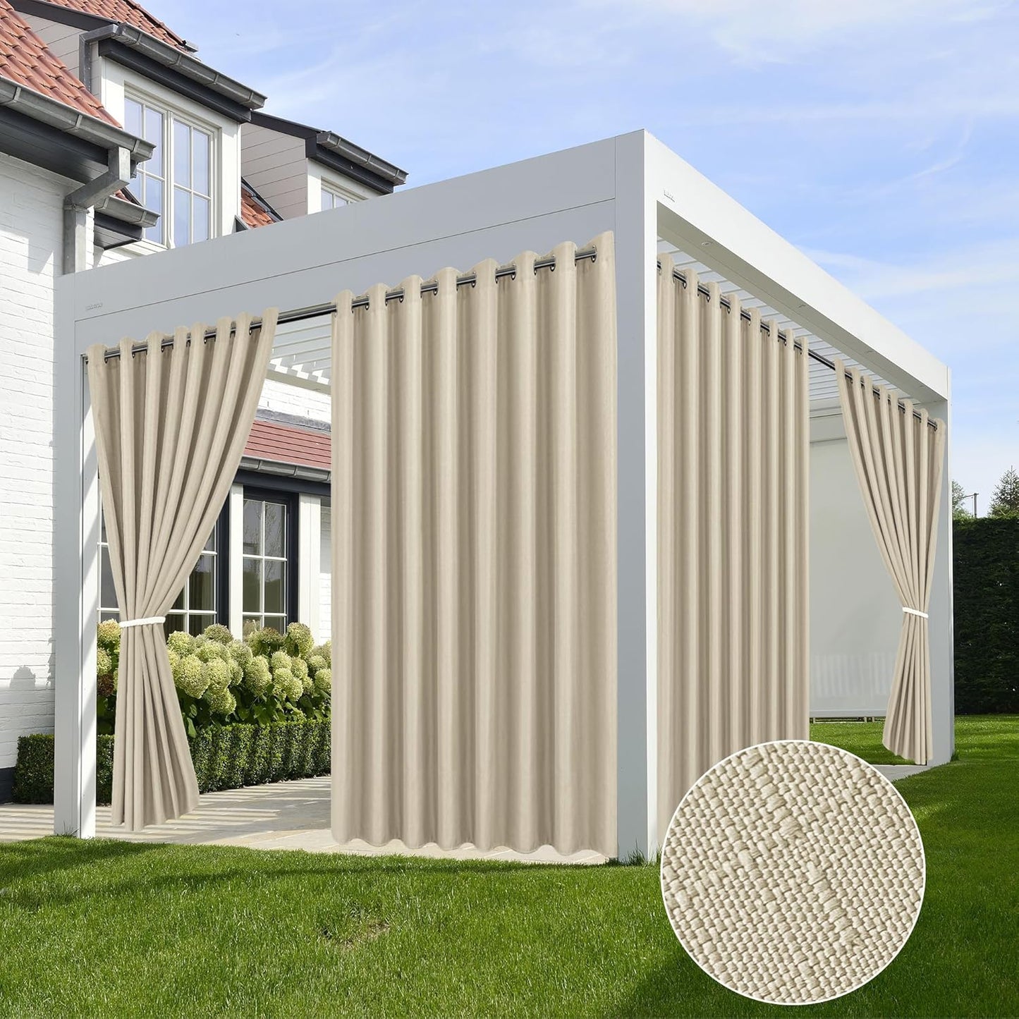 HolidayIdeas Linen Outdoor Curtains for Patio Waterproof 4 Panels Cream Outside Curtains 84 inch Length-Indoor/Outdoor Gazebo Wide Curtains Weatherproof, Privacy for Pergola, Porch, Cabana 110"x84"
