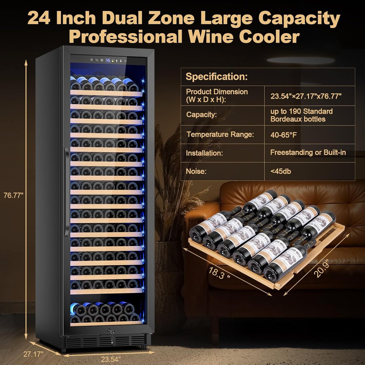 Upgraded 190 Bottles Wine Cooler Refrigerator,24 Inch Wide Wine Fridge with Professional Temperature Control System,Freestanding or Built-in installation, Quiet Operation,Black
