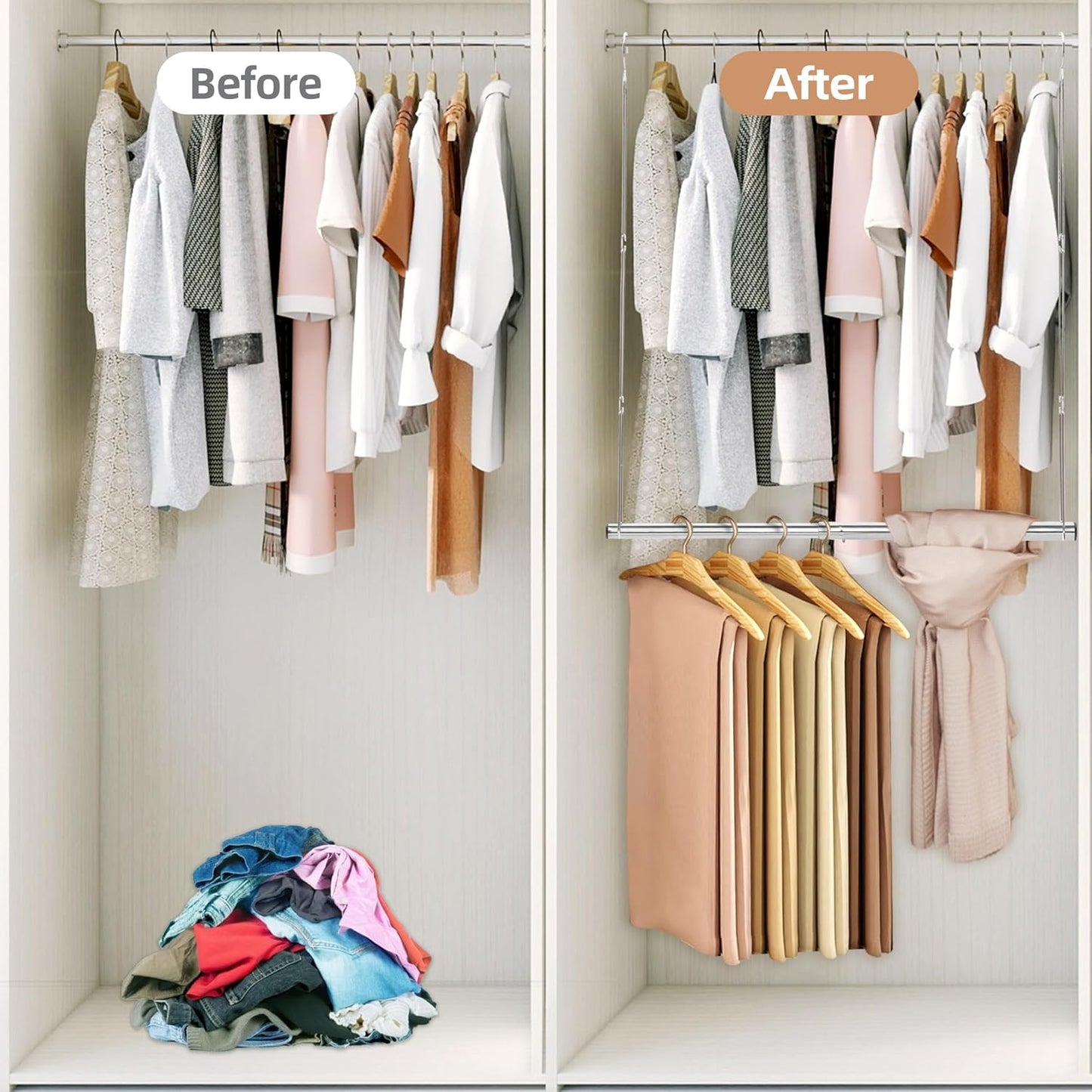 STORAGE MANIAC Hanging Closet Rod, Adjustable Width and Height Closet Hanging Organizer, Space-Saving Clothes Hanging Bar, Closet Extender Hanging Rod Double Closet Hanging Rod, 1 Pack Chrome