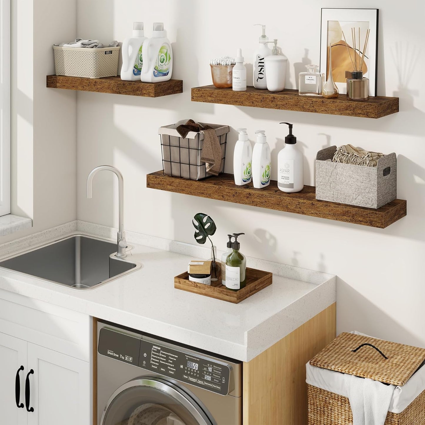 fuqing Floating Shelves for Wall, Bathroom Shelf Wall Mounted for Storage, Shelves with Invisible Bracket for Bedroom, Kitchen, Living Room, Farmhouse Small Book Shelf, 16 Inch Set of 2, Rustic Brown