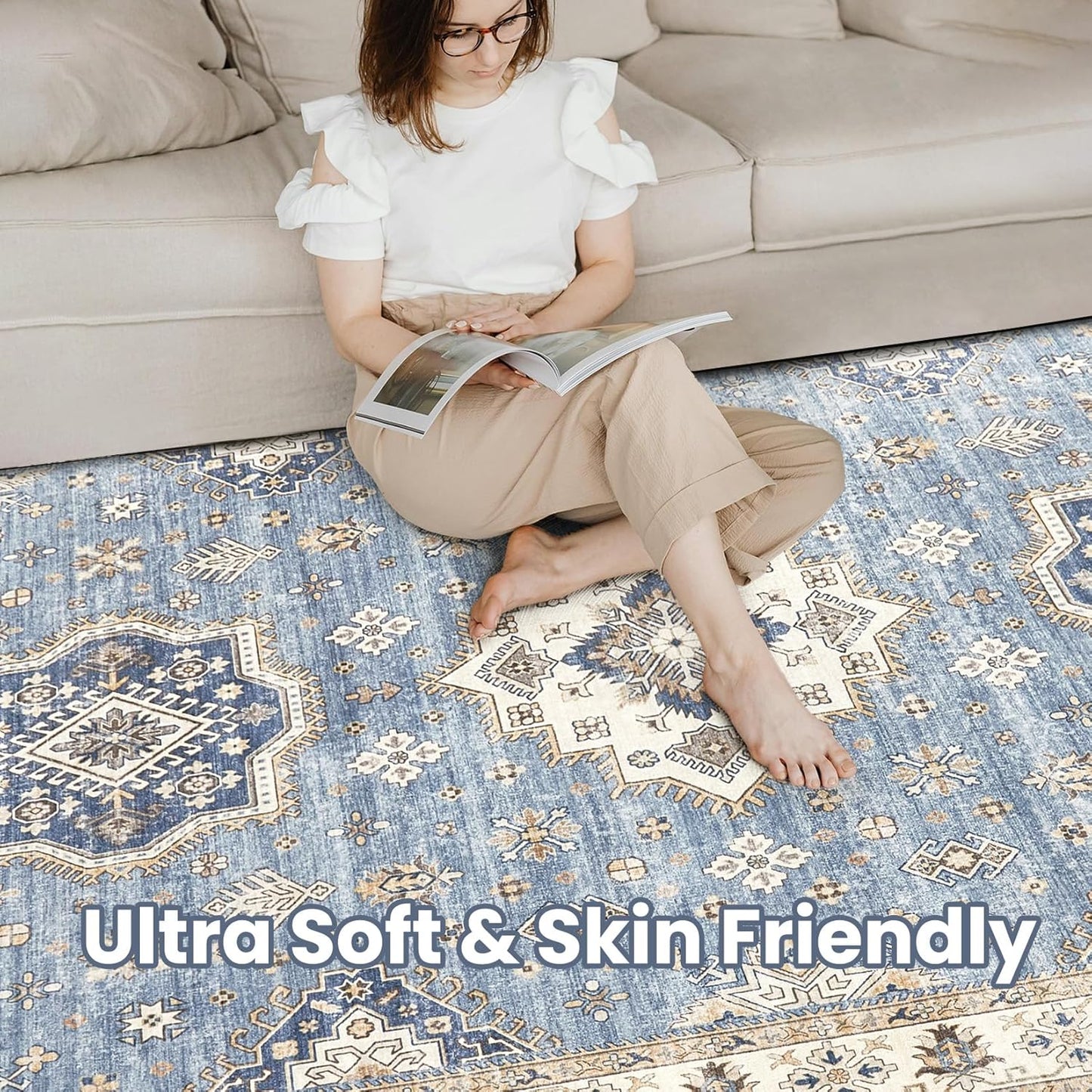 Washable Area Rugs for Living Room -10x14 Neutral Vintage Distressed Floral Farmhouse Boho Large Soft Floor Rug Indoor Non Slip Carpet for Living Room Bedroom Dining Room Office - Blue