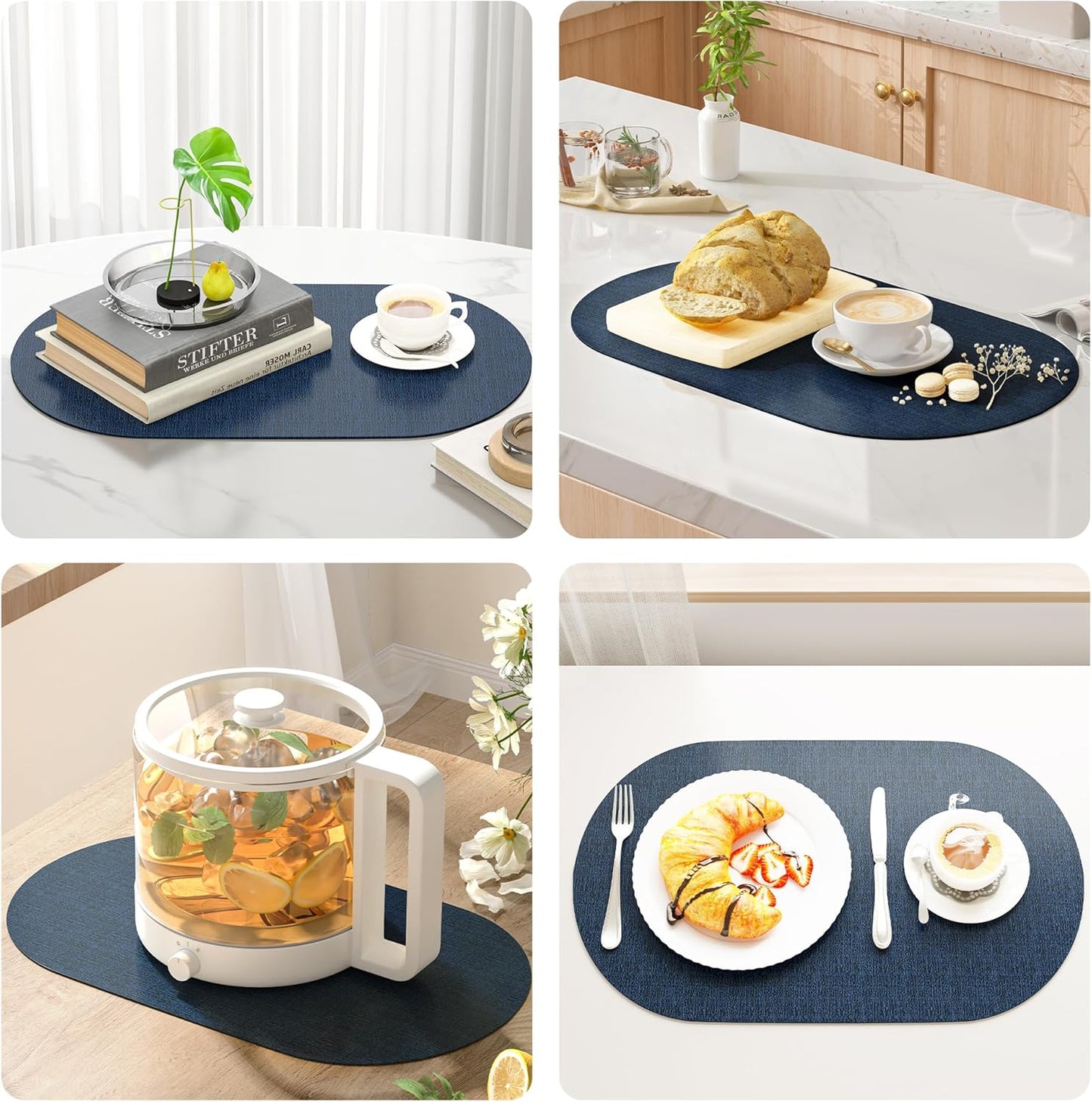 DOLOPL Placemats Set of 6, Oval Large Place Mats for Kitchen Dining Room Table Decorations, Navy Blue Faux Leather Anti Slip Waterproof Dining Table Place Mats for Indoor & Outdoor Use(13.8"x21.6")