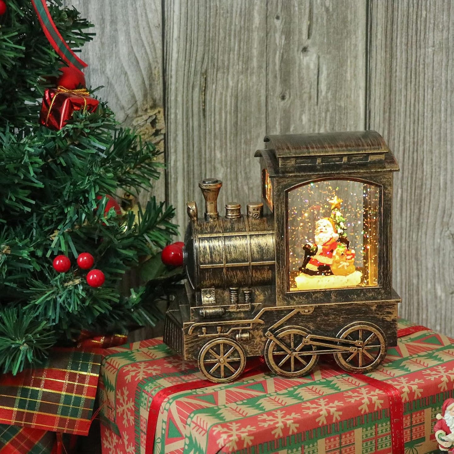 GenSwin Christmas Snow Globe Lantern Train Water Swirling Glitter with 6H Timer, Musical LED Lighted Battery Operated Santa Claus Scene for Christmas Home Decoration and Gift(Copper)