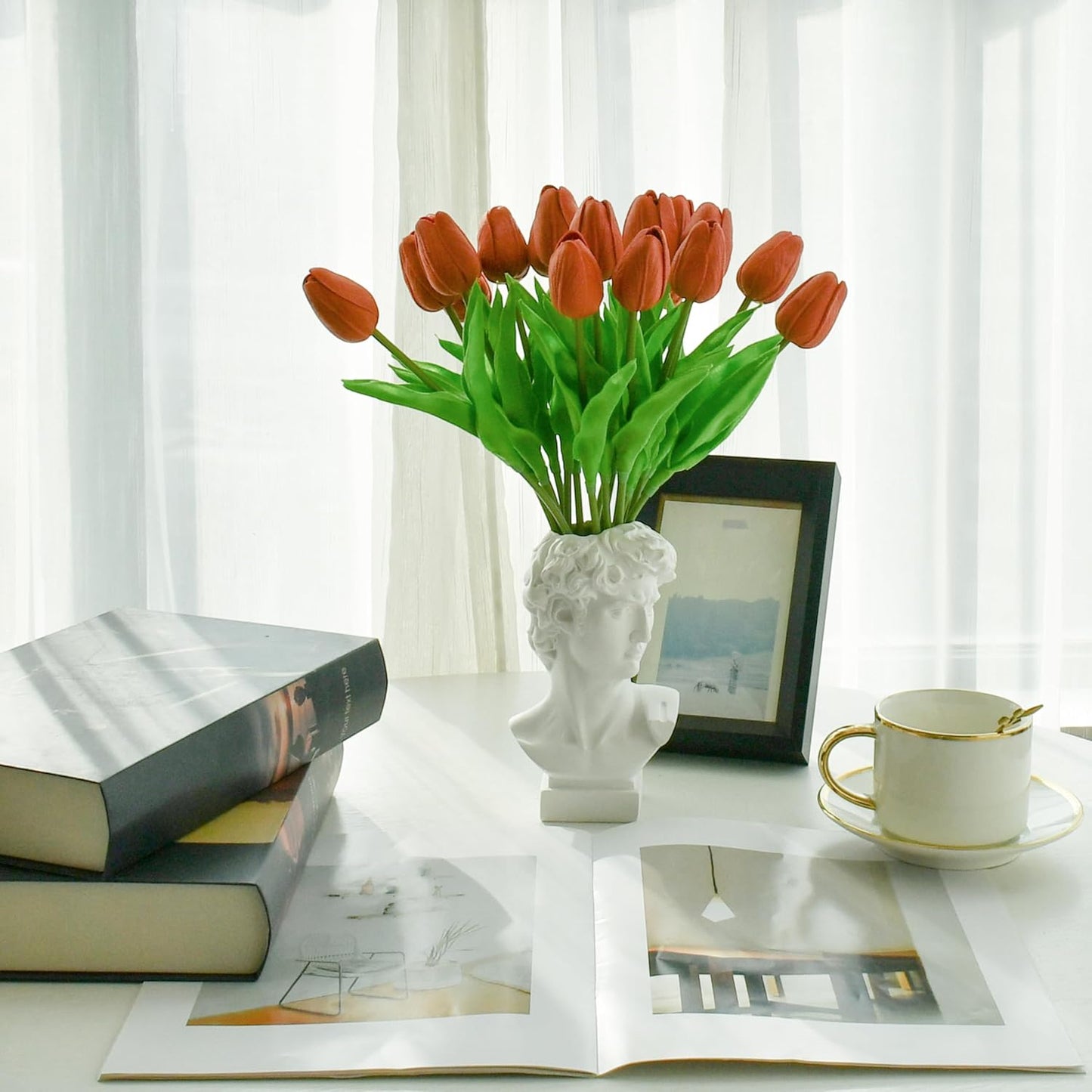 Mandy's Artificial Tulips 20 Stems Terracotta PU Faux Flowers for Wedding Home Decor 13.5 Inch