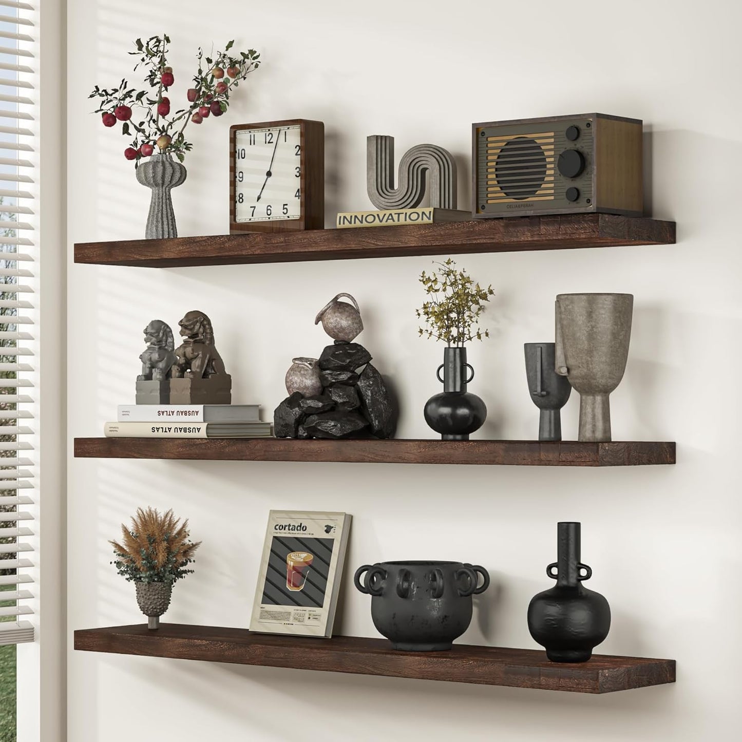 Floating Shelves for Wall, 32" Flat Edge Solid Elm Wood Floating Shelf, Wall-Mounted Display Shelves with Invisible Heavy-Duty Metal Bracket, Floating Shelf for Kitchen (Wanlut, Set of 2)