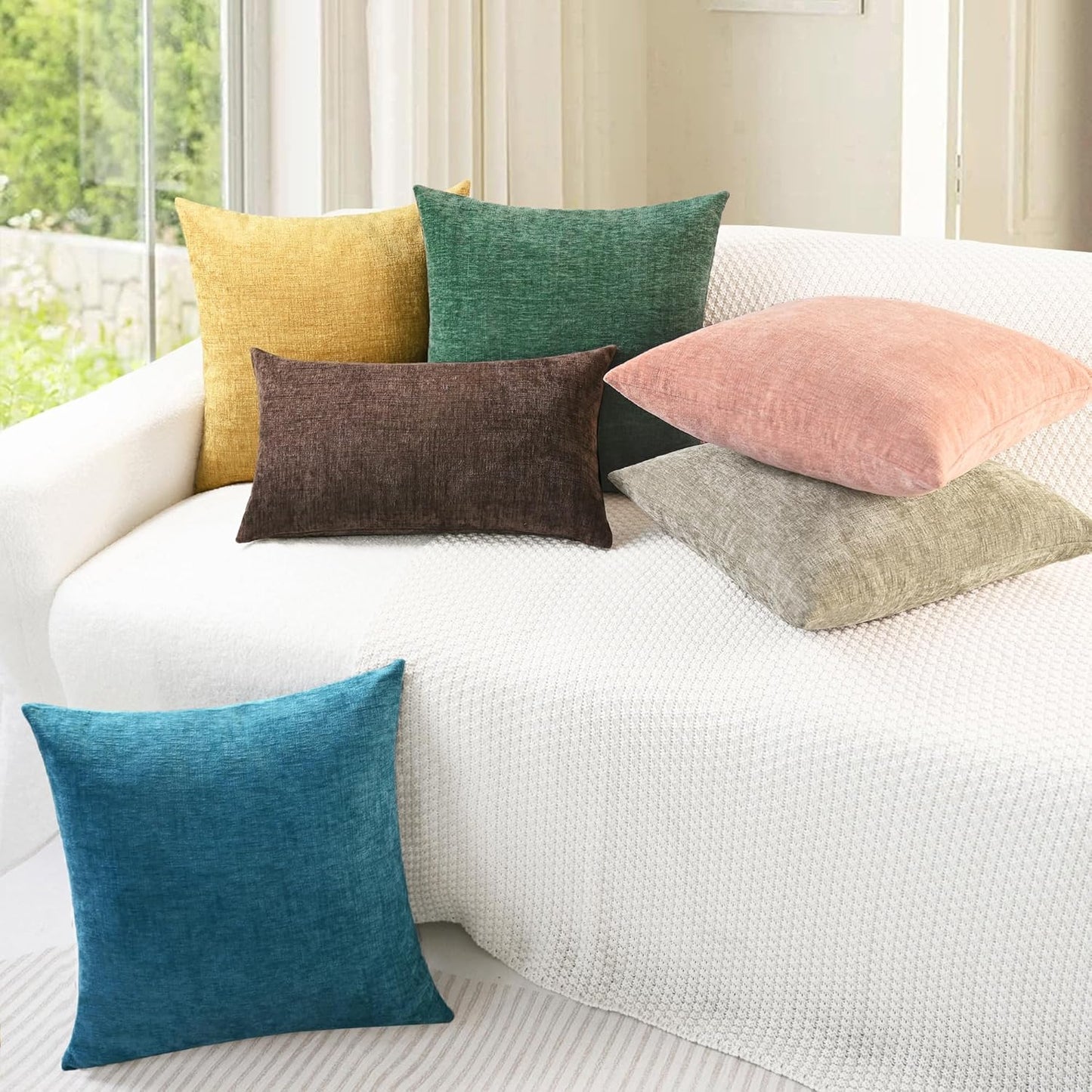 CaliTime Throw Pillow Covers Decorative 22 X 22 Inches Pack of 2 Cozy Chenille Cushion Cases for Couch Sofa Bed Living Room Home Ocean Blue