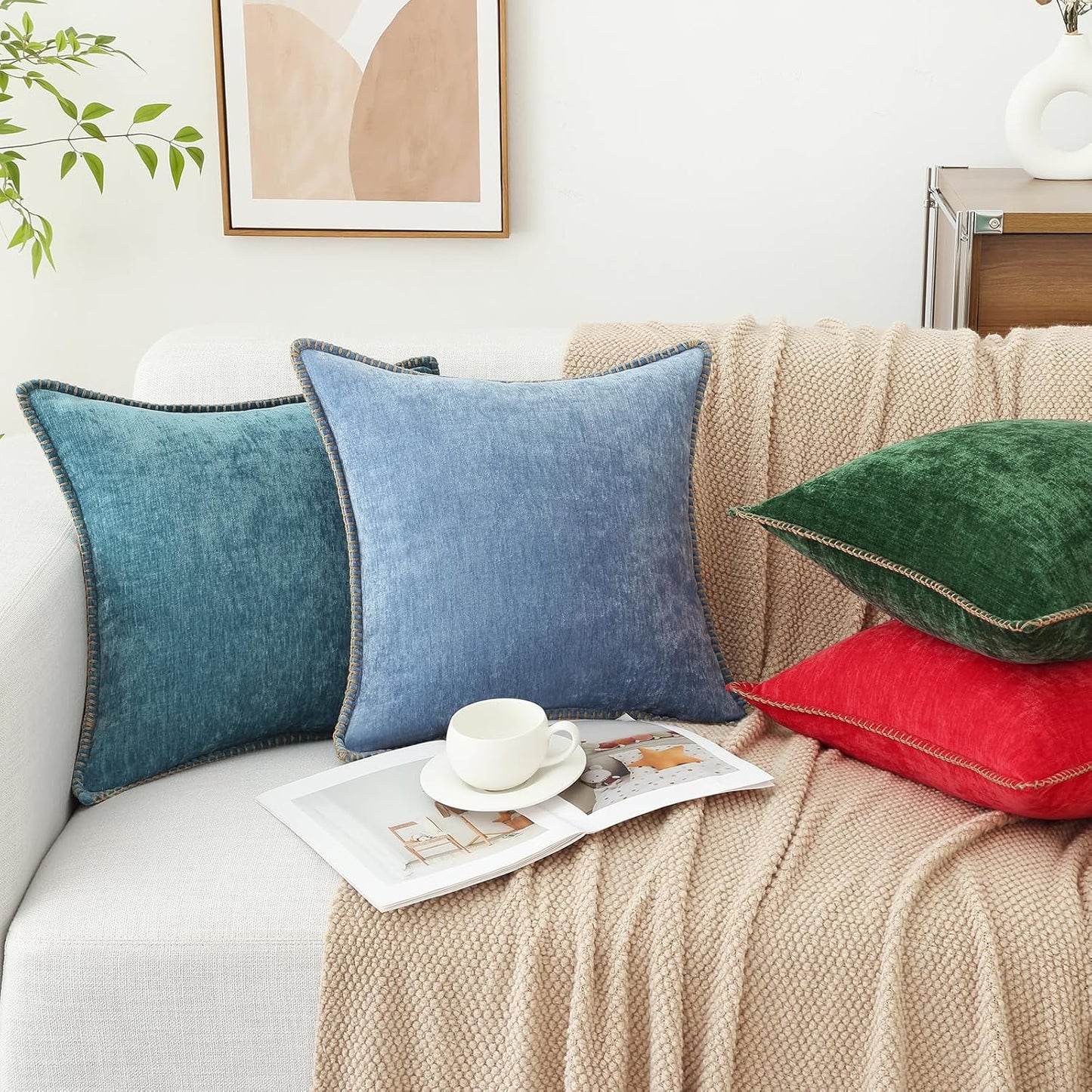 decorUhome Chenille Soft Throw Pillow Covers 16x16 Set of 2, Farmhouse Velvet Neutral Decorative Euro Pillow Covers with Stitched Edge for Couch Sofa Bed Home Decor, Blue