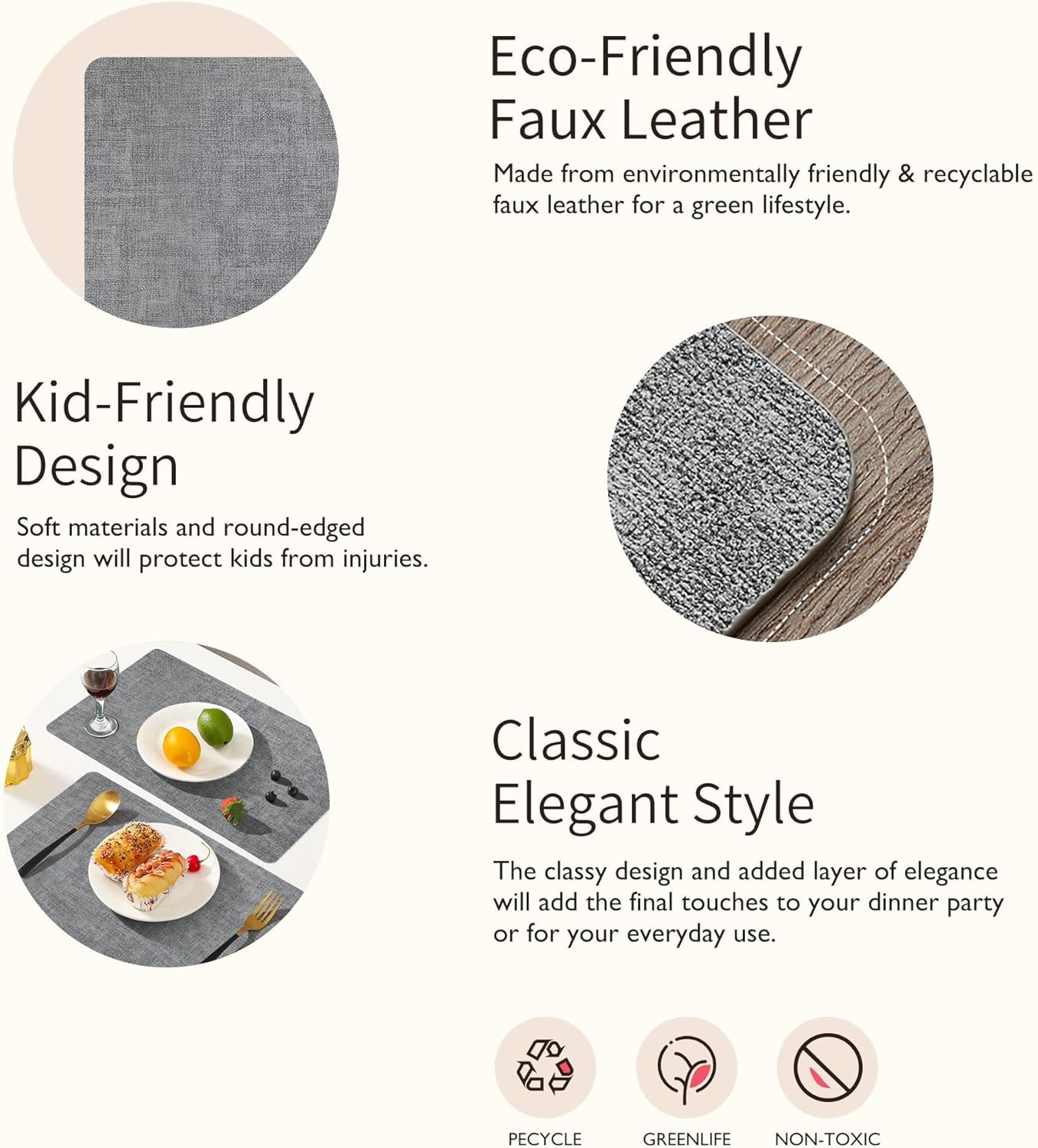 Maxpearl Faux Leather Placemats Set of 8 – Waterproof, Wipe Clean, Heat Resistant, Non-Slip Dining Table Mats for Indoor & Outdoor Use, 17”×12”, Grey