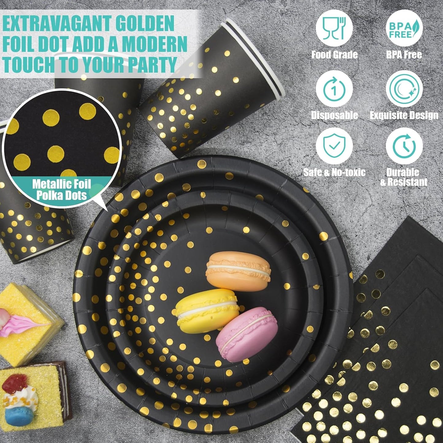 Black and Gold Party Supplies, 350PCS Disposable Dinnerware Set Inclueds Black Gold Dot Paper Plates Napkins Cups Gold Plastic Fork Knives Spoon for Women Men Birthday Wedding Baby Shower Decorations