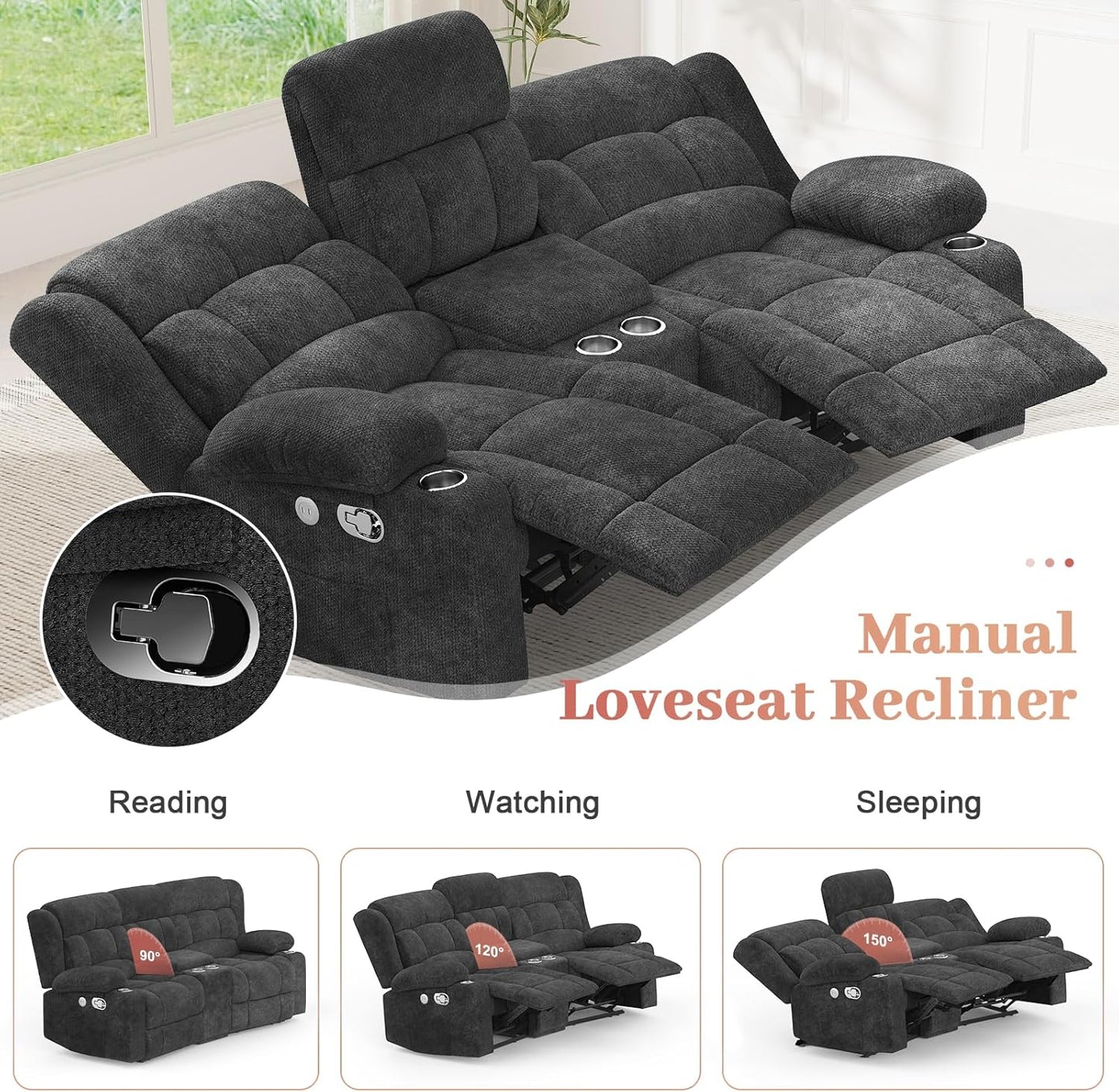 Loveseat Recliner Sofa, 2 Seater Curved Sofa for Living Room, Fabric Manual Pull Tab Reclining Loveseat with Storage Console, Recliner Loveseat Couches with USB Charge Ports, Cup Holders, Grey