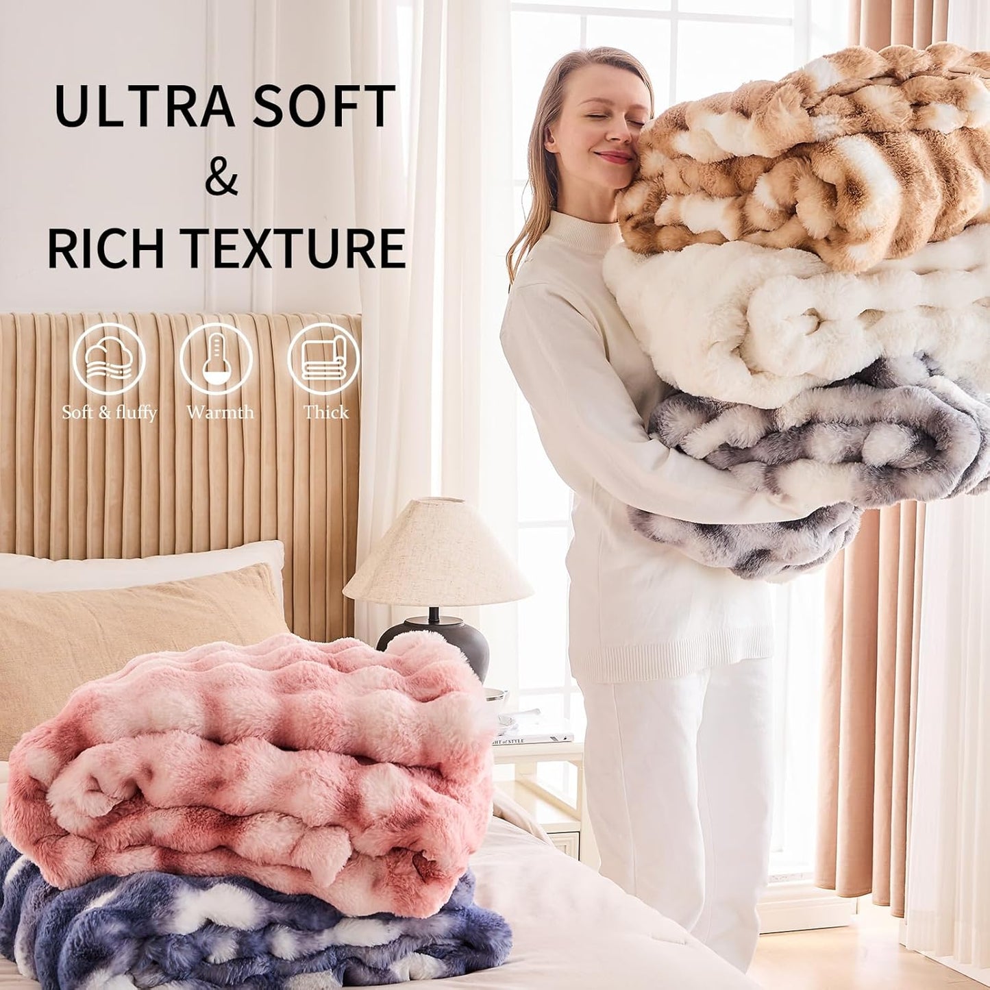 Cozy Faux Fur Throw Blanket for Bed Warm Fuzzy Throw Blanket, Soft Plush Thick Bubble Blankets for Bedroom and Living Room, Furry Luxury Blanket, 90 x 90,Tie-Dye Blue