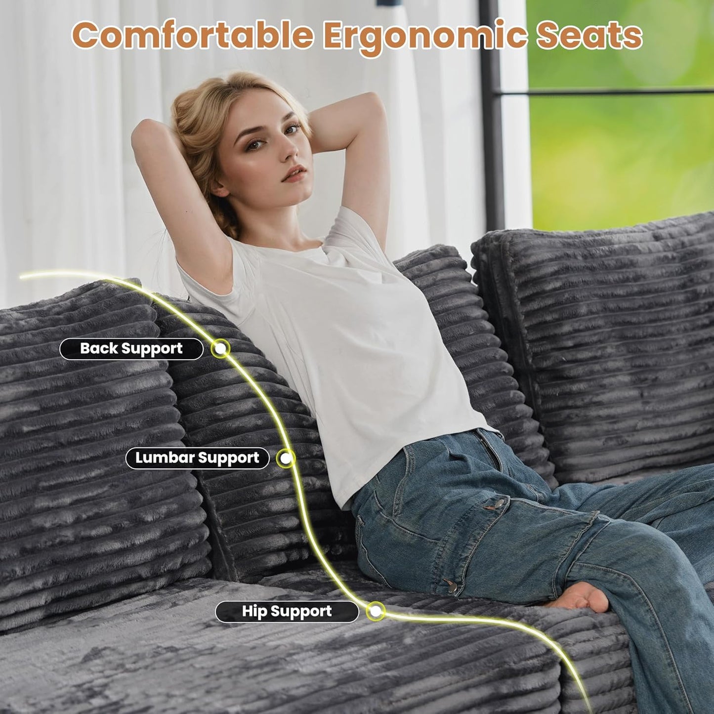 ovios Sectional Sofa Couch with L-Shape Chaise Ottoman, Comfy Modular Cloud Couches with Deep Seat, Modern Upholstered Plush Corduroy Sofas Set for Living Room, 8-Seater, Grey