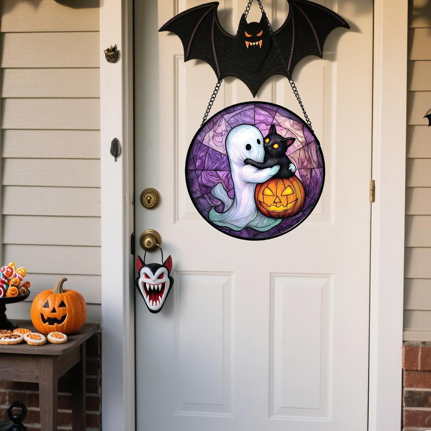 Stained Glass Window Hanging - Halloween Decorations Ghost Black Cat Pumpkin Suncatcher for Door Garden Spooky Purple Sun Catchers Gothic Decor Horror Gifts for Women Men Friend Boy 6.3 in
