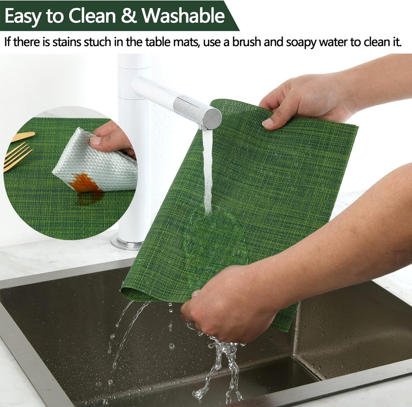 Green Placemats Set of 6 - Wipe Clean Vinyl Placemats - Washable Heat Resistant PVC Table Mats for Dining Table - 17x12 Inch (Green, 6)