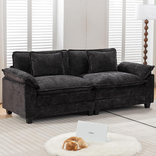 URRED Modular Sectional Sofa Comfy Cloud Couch, Modern Chenille Sofa Sleeper Deep Seat Couches with Ottoman/Pillows for Living Room (Black, 82.6'')