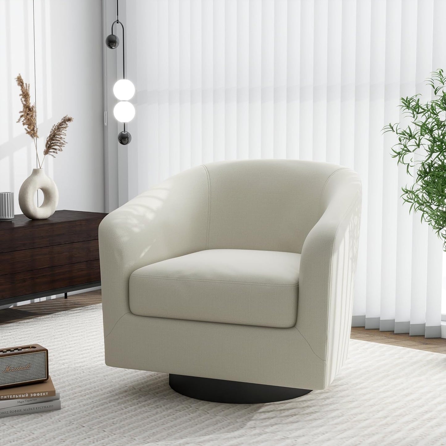 Swivel Barrel Accent Chair, Modern Round Linen Arm Chair for Living Room, Bedroom, Comfy Club Reading Chairs for Adults（Linen Fabric, Beige, Set of 1