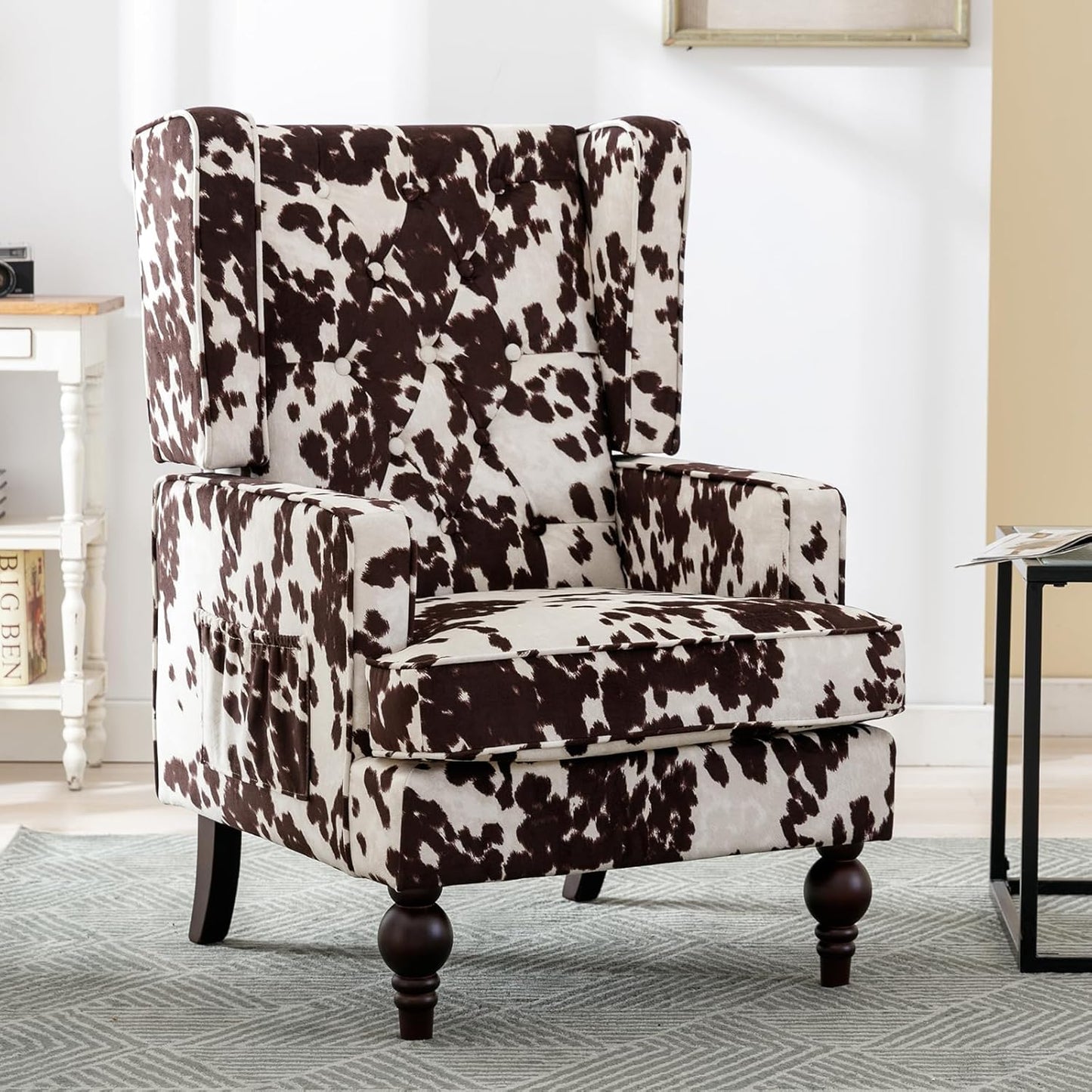 DUOMAY Tufted Accent Chair, Modern Upholstered Wingback Side Arm Chair for Living Room Bedroom with Wood Legs, Comfy Reading Guest Chair for Office, Milk Cow/Brown