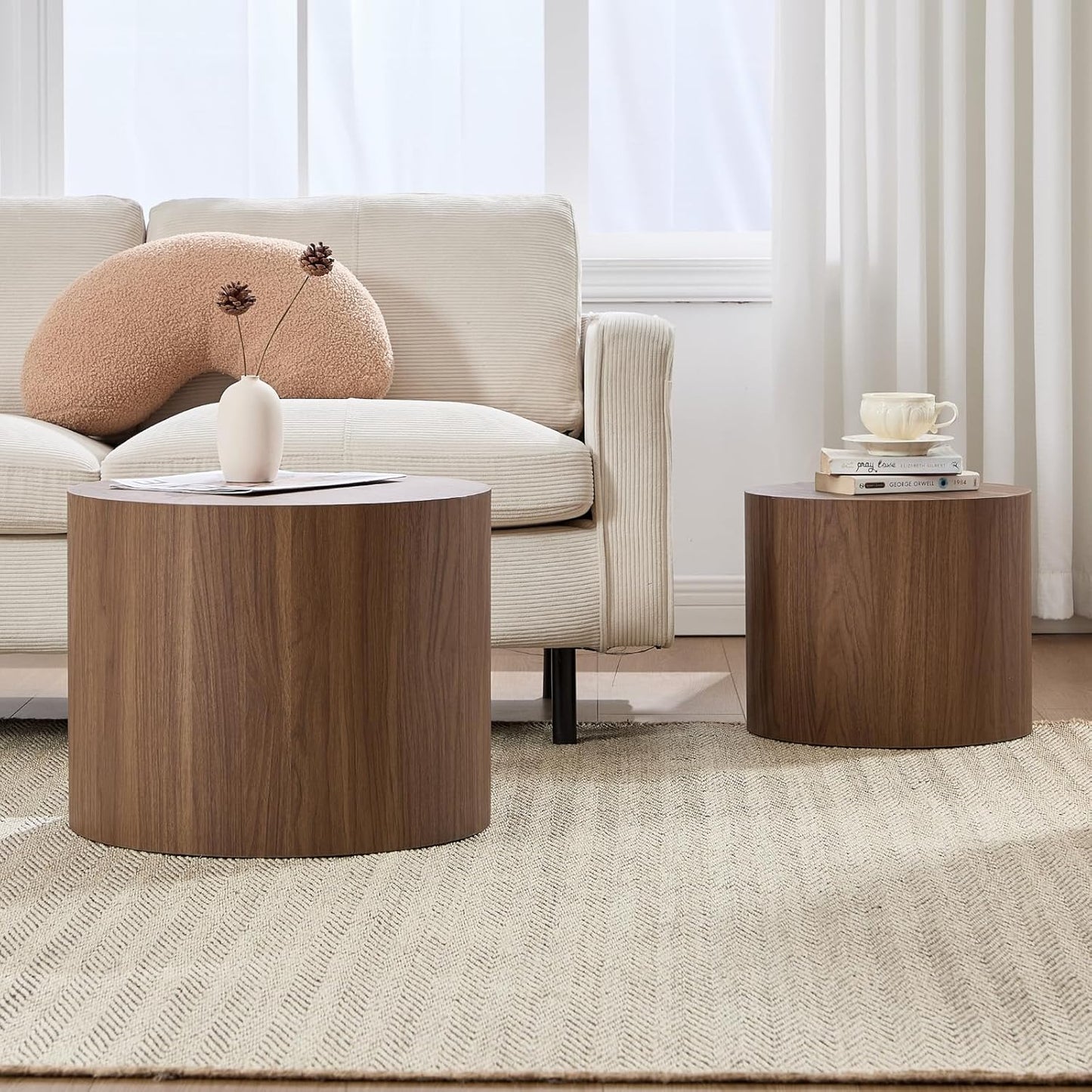Round Coffee Tables Side Table Set of 2, Wood Nesting End Table for Living Room Balcony Office, Walnut Wooden Color, No Assembling