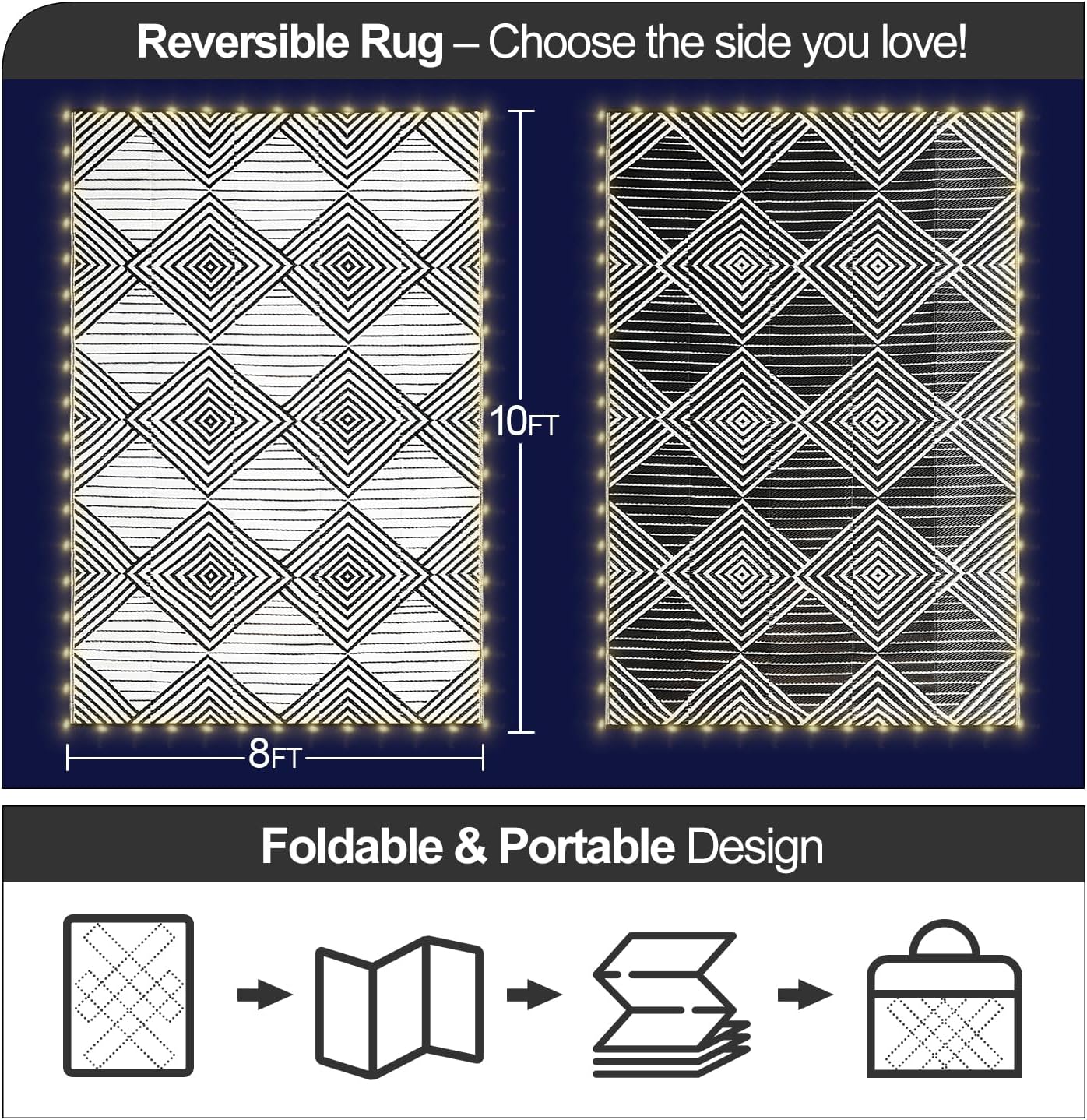 8x10ft Waterproof Outdoor Rug with LED Lights, Foldable Reversible Plastic Straw Mat for Patio RV Camping Picnic Balcony Beach Deck Indoor Outdoor Carpet, Black&White