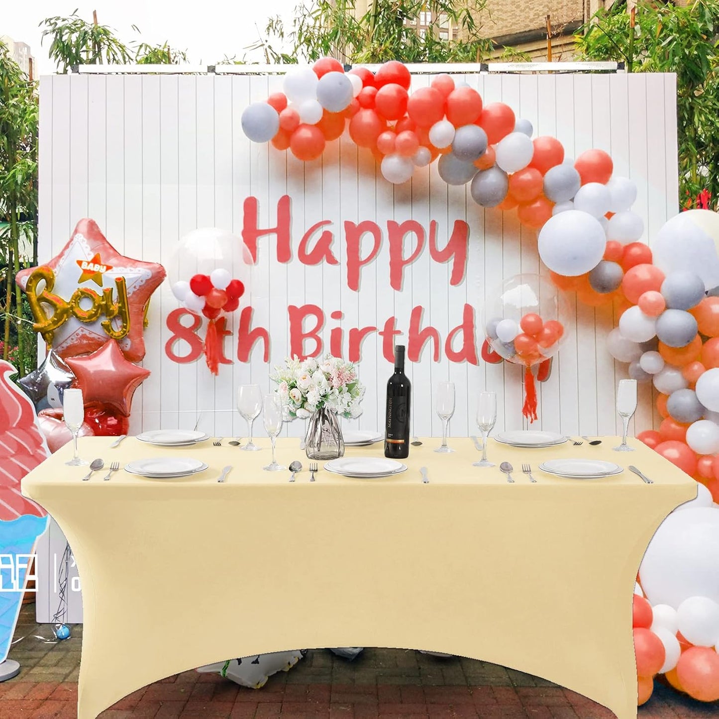 SuperO Waterproof Spandex Table Cover for 8FT Table Universal Fitted Stretch Tablecloth for Party, Banquet, Wedding and Events-Champagne