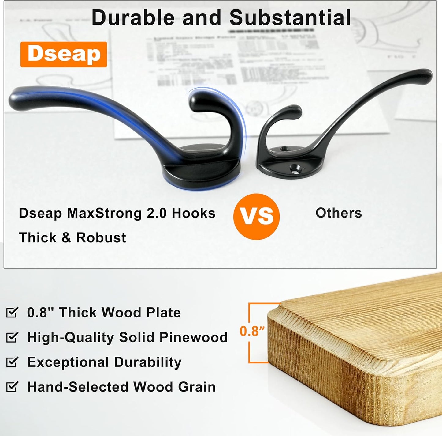 Dseap Coat Rack Wall: 38-1/4" Long, Patented, Heavy-Duty, 10-Double-Hooks Wooden Wall Mounted Coat Rack Coat Hanger Hook Rail for Winter Coats Hat Jacket Clothing, Weathered Blue, Pack of 2
