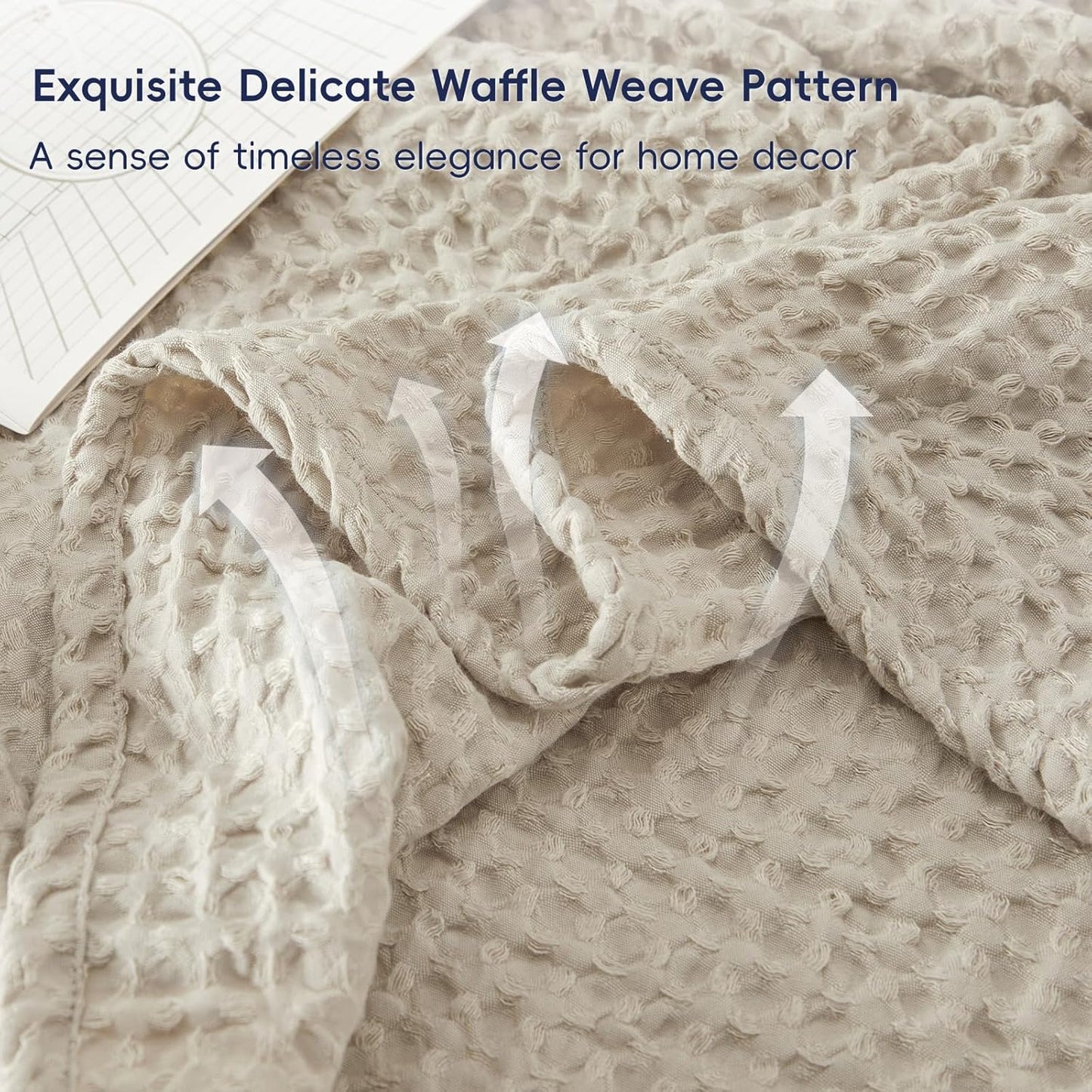 PHF Ultra Soft Waffle Weave Blanket Queen Size 90"x 90"- Washed Lightweight Breathable Cozy Woven Blanket for Bed - Aesthetic Decor for Couch Bedding Sofa Home Car - Light Khaki/Linen