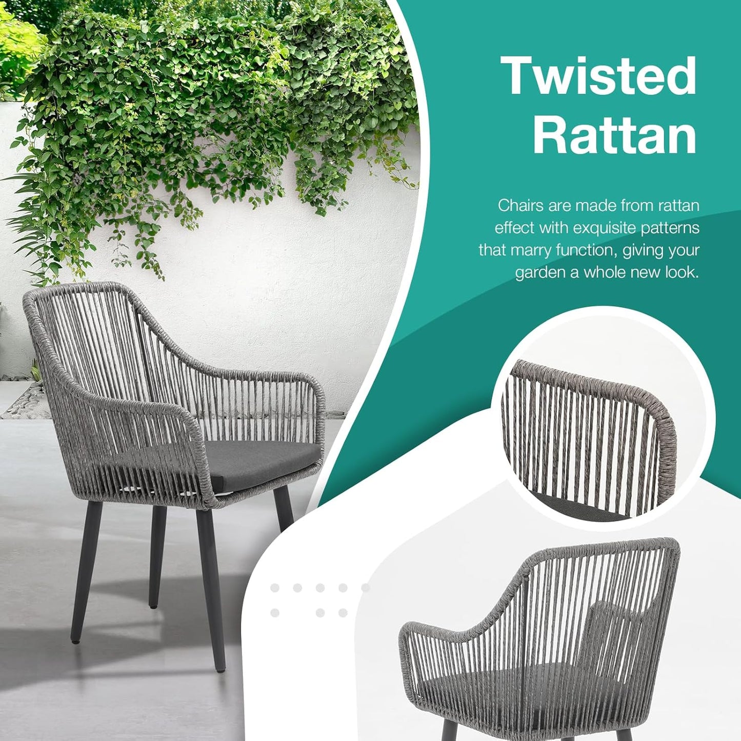Patiorama Outdoor Dining Chairs, Patio Dining Chair Set of 2, All-Weather Woven Rope Rattan Chairs, Outdoor Dining Wicker Chairs with Armrests for Indoor Balcony Pool Backyard(Gray)