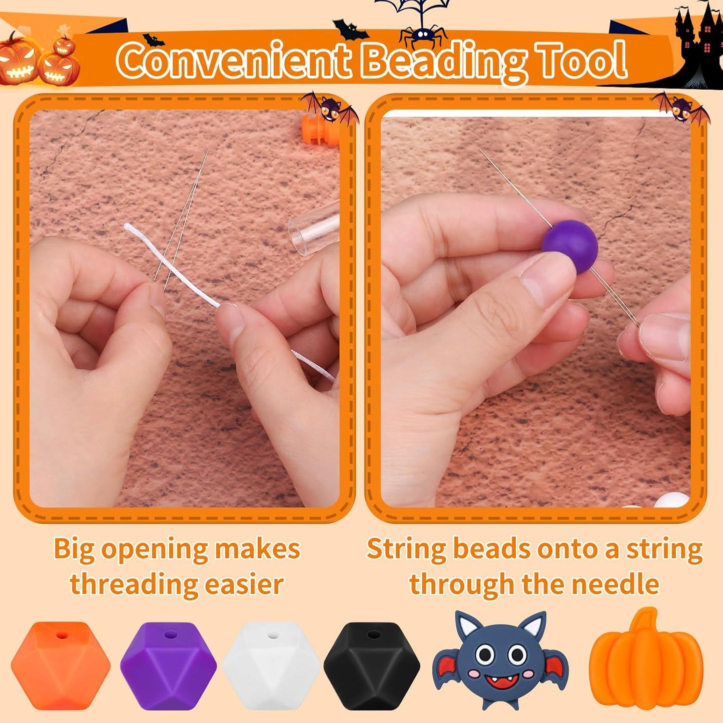 145 PCS Halloween Silicone Beads Kit - Round Loose Beads with Pumpkin Skull, Ghost, Bat & Polygonal Pastel Shapes for DIY Home Decor, Crafts & Jewelry Making