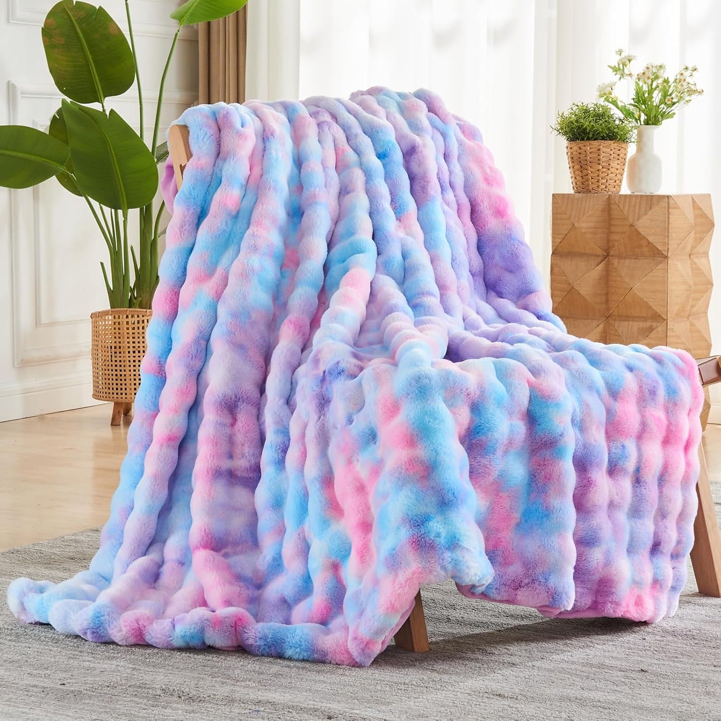 NEWCOSPLAY Faux Fur Throw Blanket Purple Rainbow Luxury Fluffy Thick Warm Bubble Blanket for Couch Sofa Bed 700GSM (Purple Rainbow, Throw(50"x60"))
