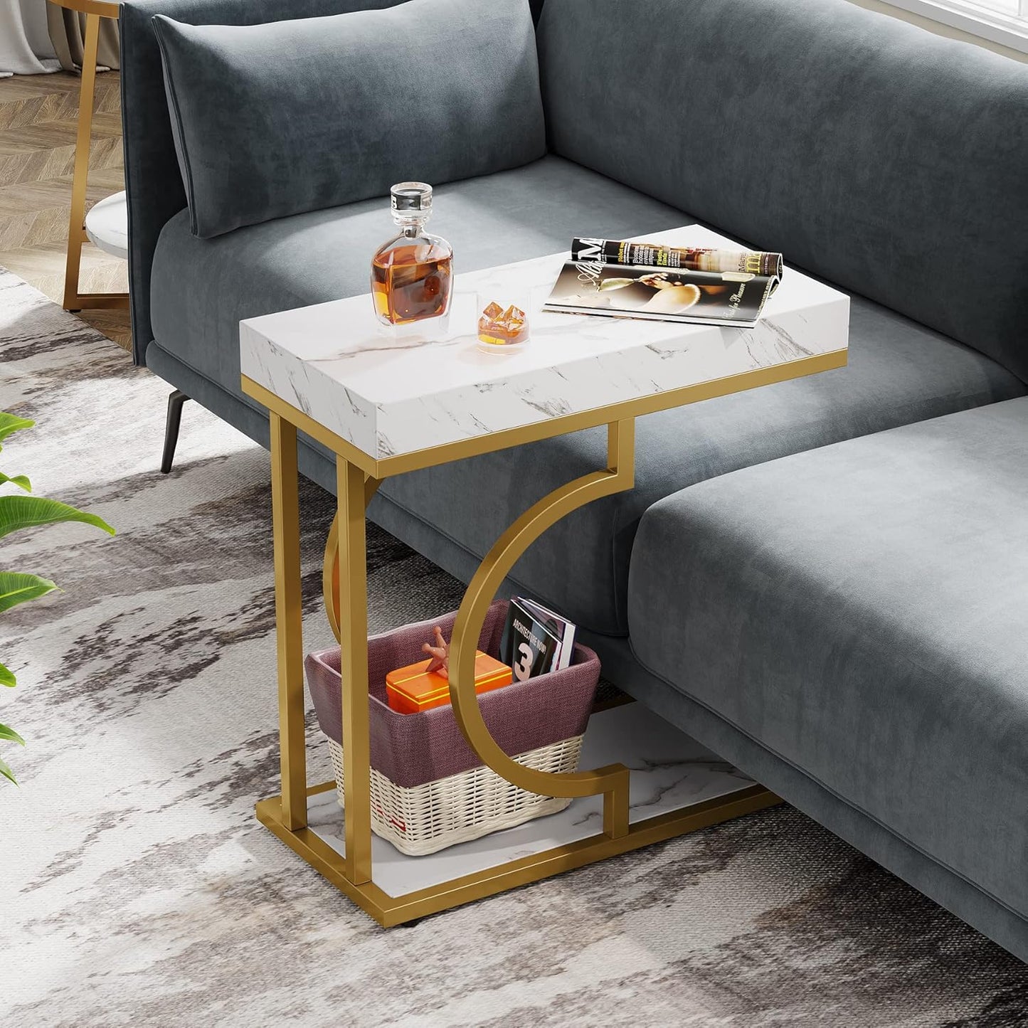 Tribesigns Narrow Side Table White Gold C Shaped End Table Modern Bedside Tables Small Chairside Table for Couch, Sofa Table with Metal Frame for Living Room (1, White+Gold)