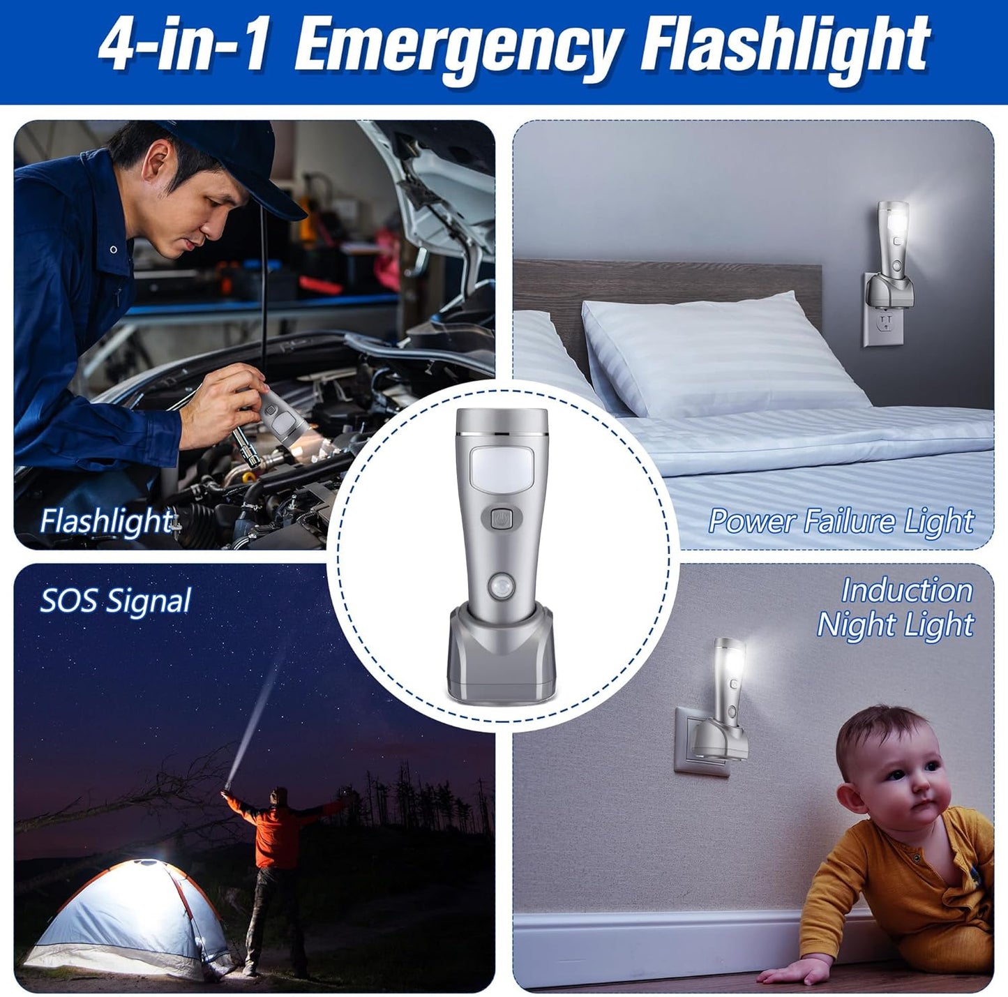 Enhon 2 Pack 4 in 1 LED Emergency Lights for Home Power Failure, Rechargeable Plug in Flashlight Motion Sensor Night Light, Automatic Turn On Power Outage Light for Home Hurricane Supplies