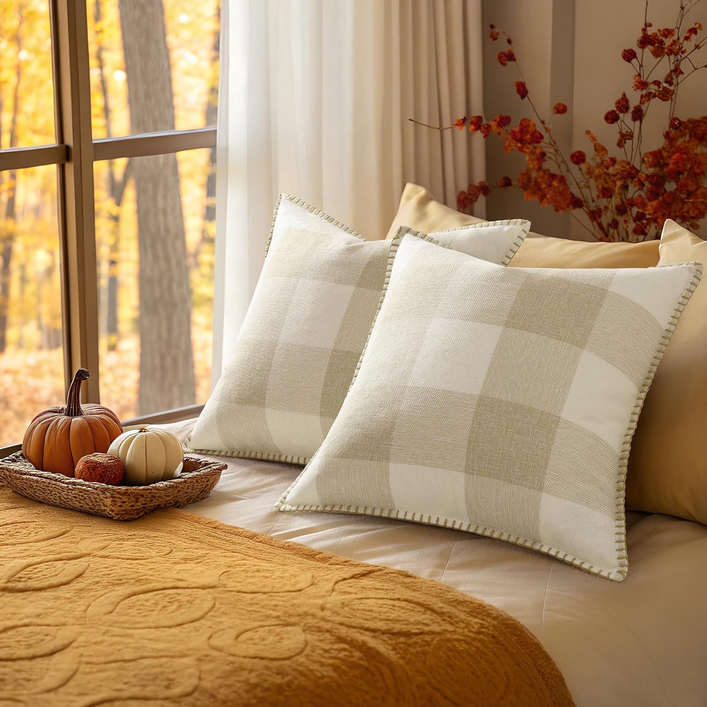 decorUhome Buffalo Plaid Check Fall Throw Pillow Covers 12x20 Set of 2, Outdoor Lumbar Decorative Farmhouse Pillow Covers with Stitched Edge for Bed Couch Sofa, Cream White and Beige