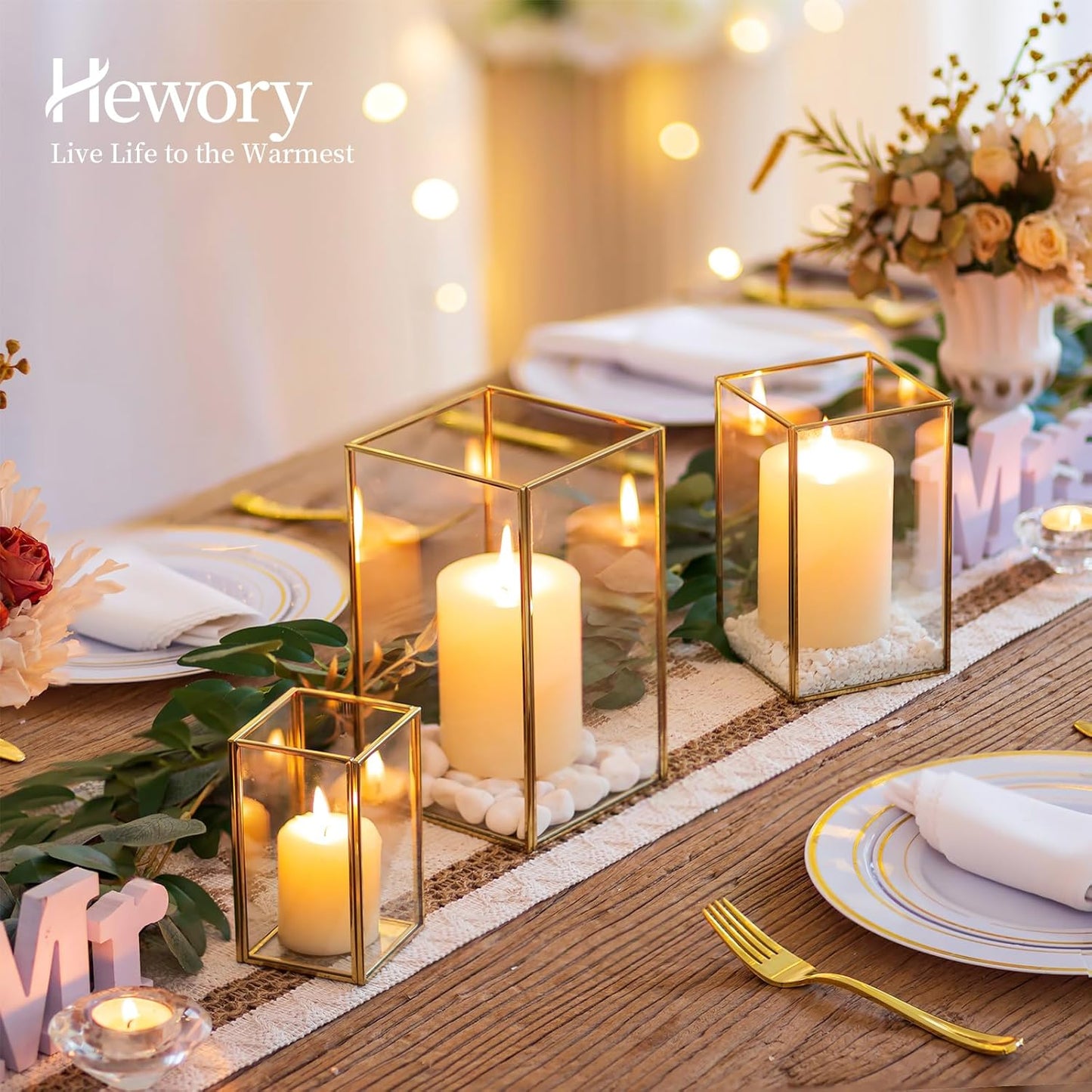 Glass Hurricane Candle Holder Large - Hewory 6pcs Gold Rectangle Flower Holders Centerpiece for Table, Tall Floor Square Pillar Candle Lantern for Wedding, Anniversary, Party, Fireplace, Dining Room
