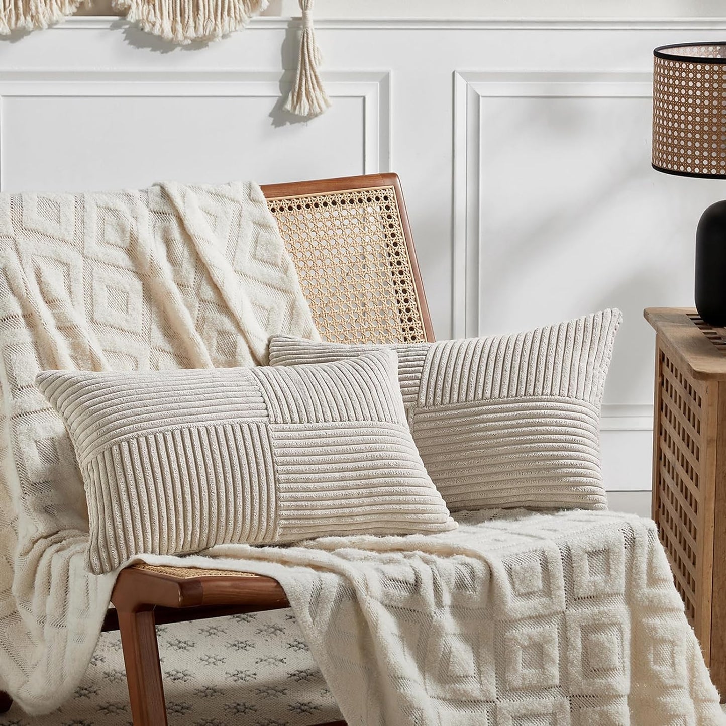 Fancy Homi 2 Packs Neutral Taupe Long Lumbar Decorative Throw Pillow Covers 16x24 Inch for Couch Bed, Rustic Farmhouse Boho Home Decor, Soft Striped Corduroy Rectangle Accent Cushion Case 40x60 cm