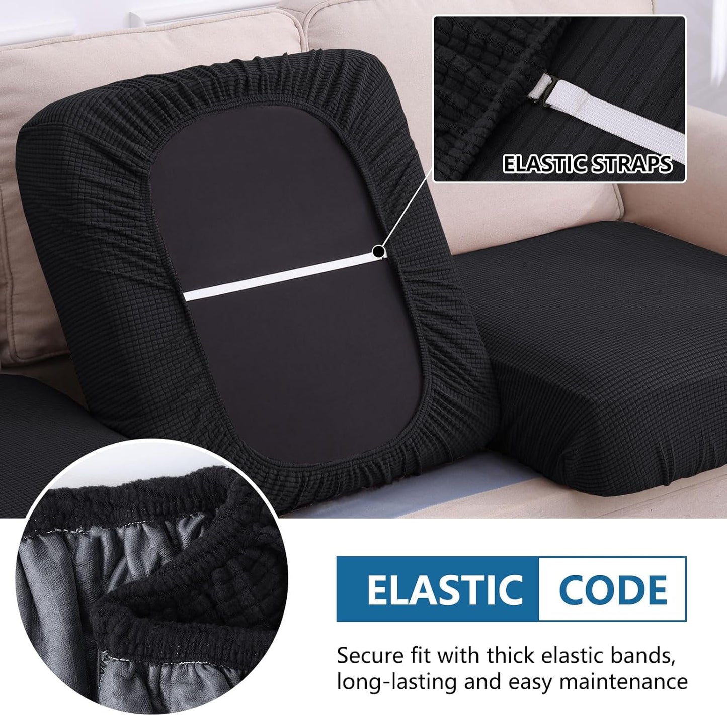 hyha Waterproof Couch Cushion Covers for Pets, Non Slip Sofa Seat Cover for Dogs Washable, Soft Thick Stretch Jacquard Fabric, Sofa Slipcovers with Elastic Bottom (3 Pieces, Black)