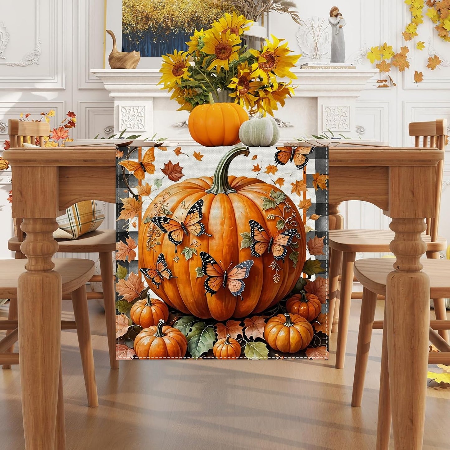 Linen Black and White Buffalo Check Plaid Fall Table Runner 90 Inches Long, Fall Leaves Pumpkin Butterfly Home Kitchen Table Decor, Farmhouse Autumn Thanksgiving Harvest Festival Decorations for Home