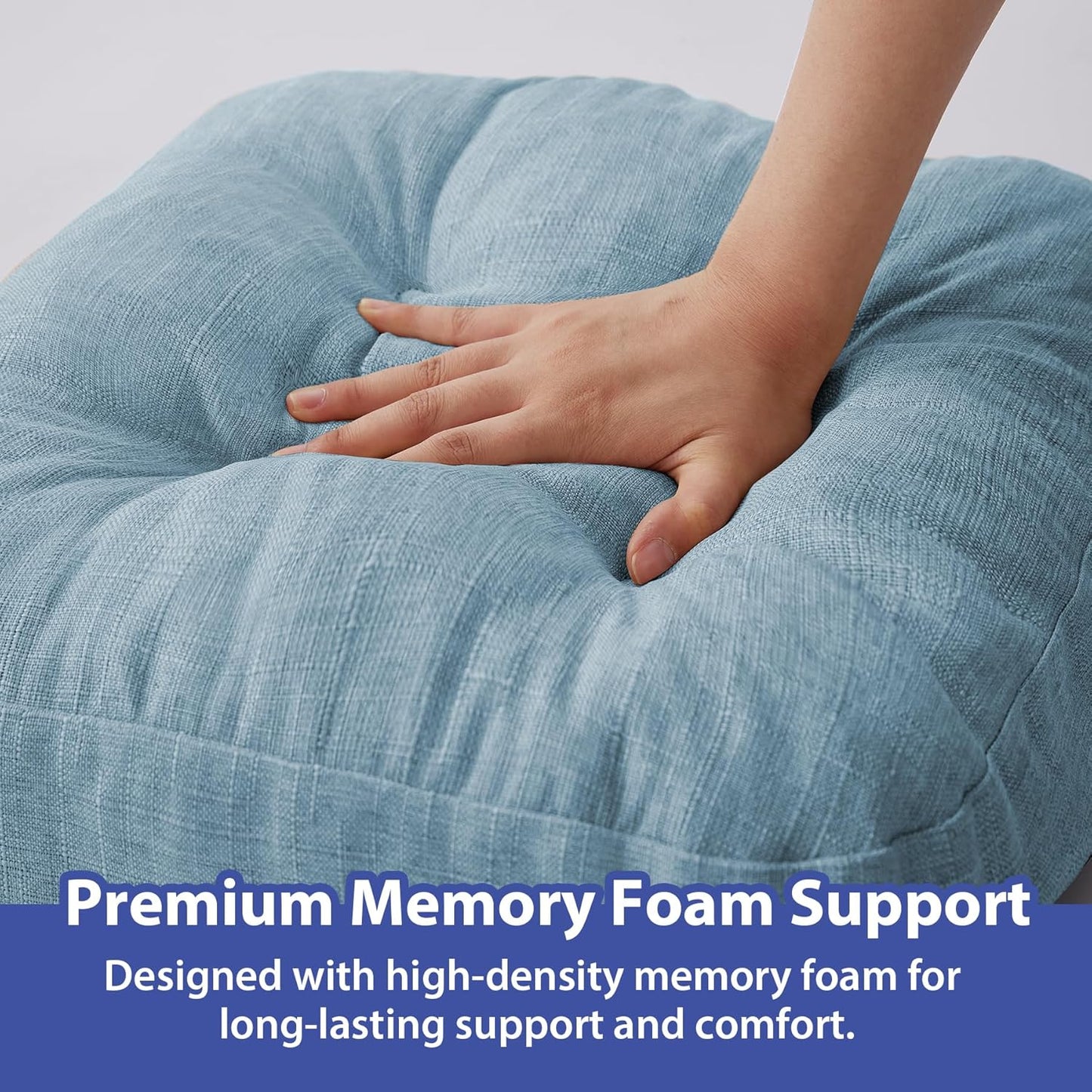 Chair Cushions for Dining Chairs, Dining Chair Cushions, Tufted Indoor Chair Pads with Ties & Non Slip Backing, Seat Cushions for Kitchen Chairs 16.5” x 16.5” x 3.5”, Set of 4, Light Blue