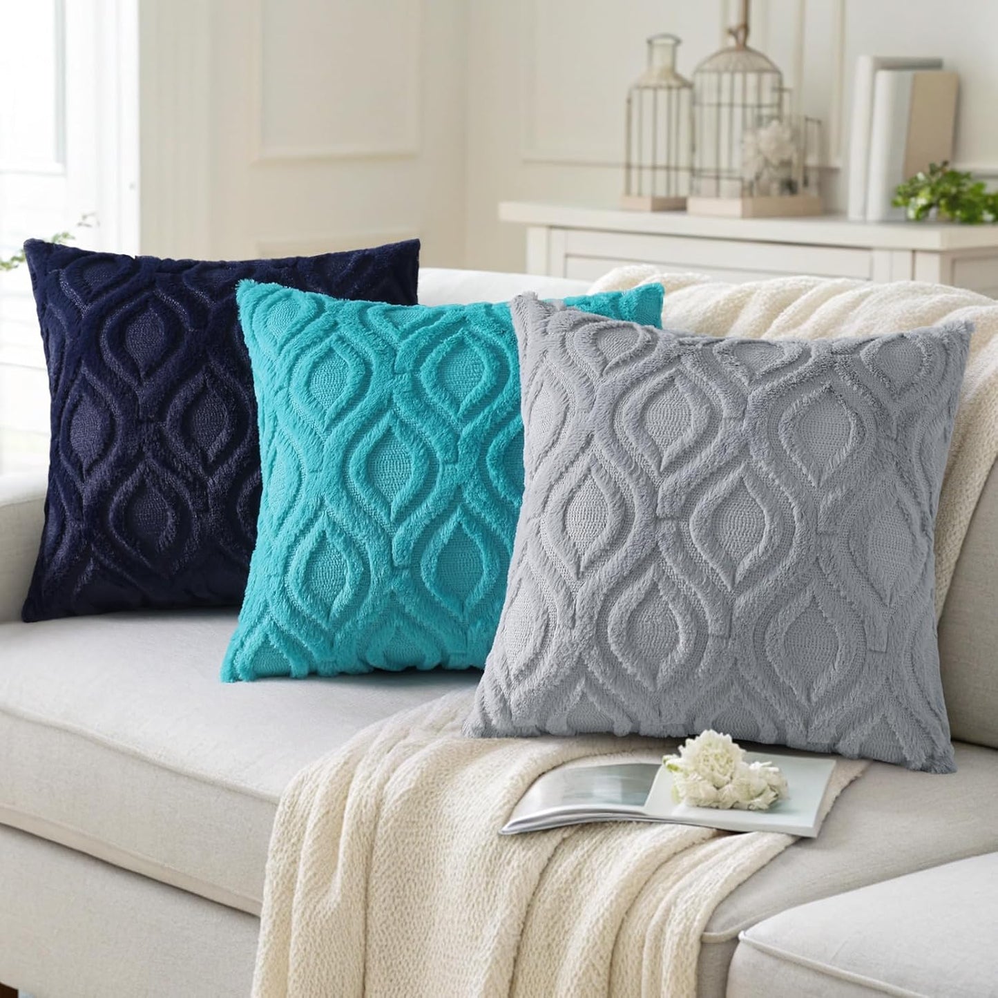 decorUhome Fall Throw Pillow Covers 24x24 Inch Set of 2, Soft Plush Decorative Faux Fur Navy Blue Solid Couch Pillow Covers, Accent Farmhouse Neutral Square Euro Pillow Cases for Sofa Bed Living Room