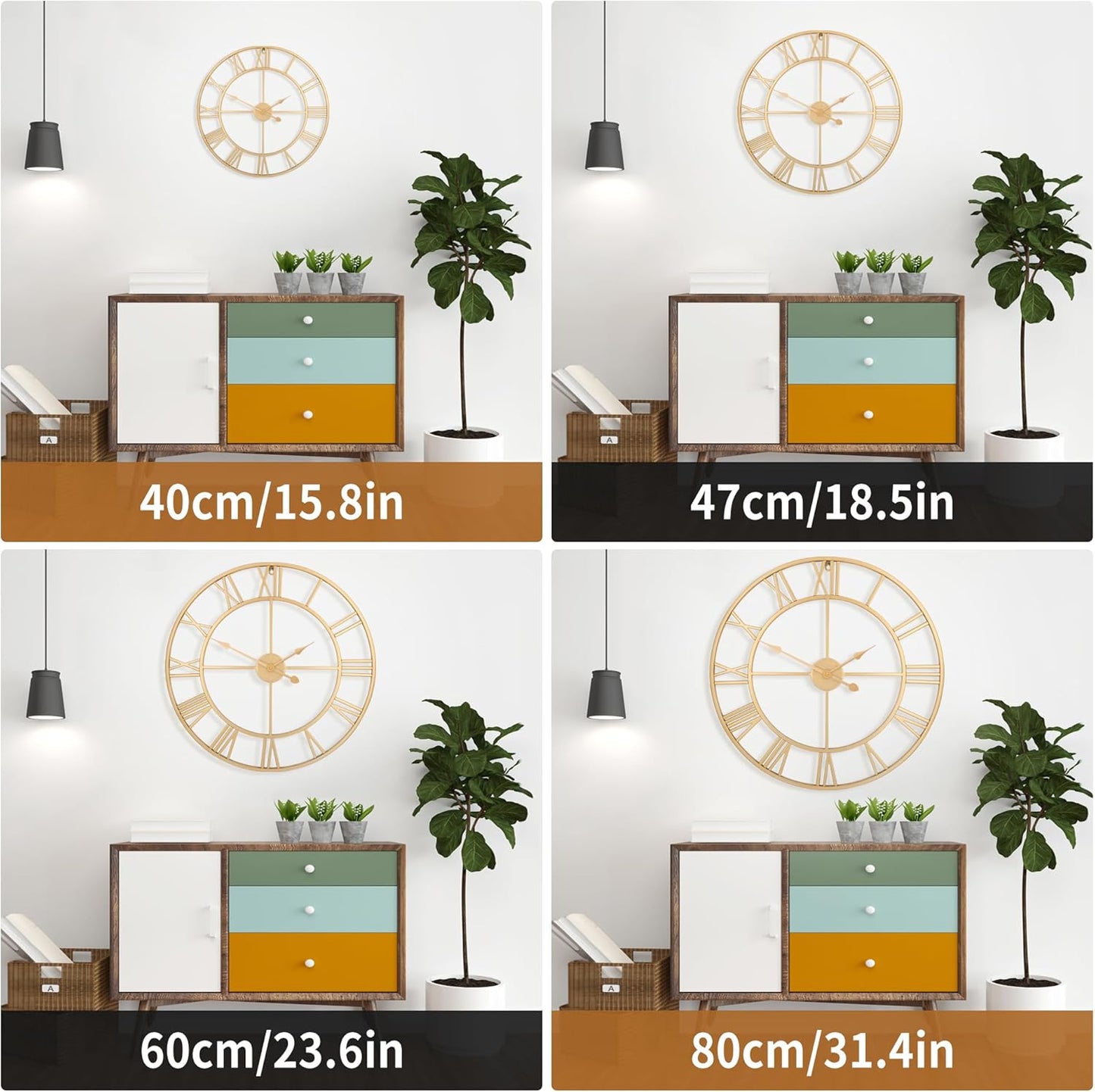 Large Wall Clock - 40cm/ 16 Inches Silent Non-Ticking, Battery Operated, Gold Vintage Decorative Modern Metal Wall Clocks for Living Room, Bedroom, Office, Farmhouse Decor