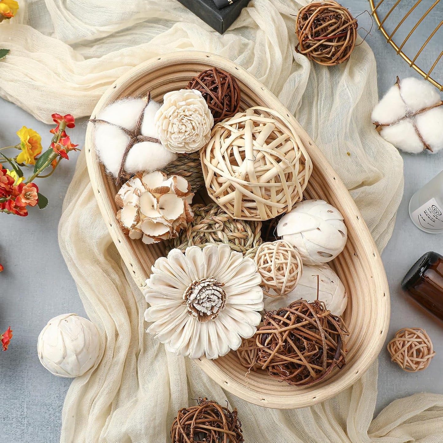 Riceshoot 2 Pack Decorative Balls Potpourri Bowl Filler Decor Natural Vase Bowl Filler Assorted Spherical Rattan Twigs Wicker Balls Cotton for Home Centerpiece(Brown)
