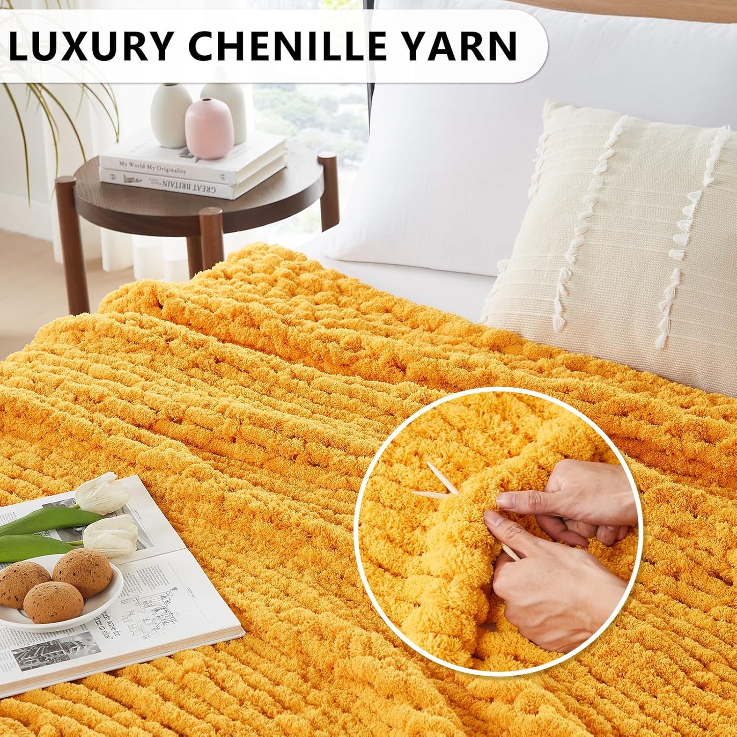 L'AGRATY Chunky Knit Blanket Throw: 72''x84'' Chenille Chunky Knitted Throw Blanket for Bed Couch - Handmade Thick Big Cable Knit Blanket - Large Chunky Crochet Rope Blanket for Home Decor(Yellow)