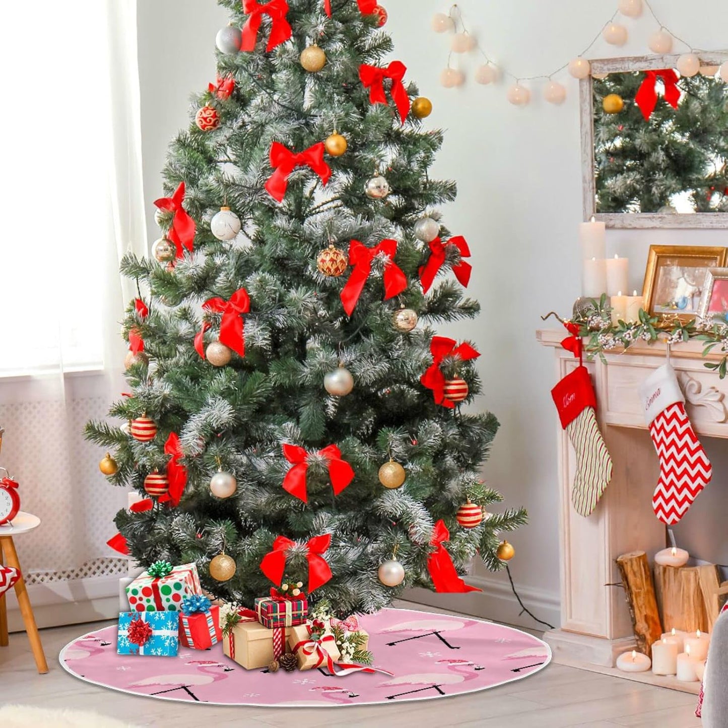 Christmas Pink Flamingo Tree Skirt, Seasonal Tree Mat Holiday Party Supplies Ornaments Indoor Outdoor Decorations for Tabletop Trees 47.2 Inches
