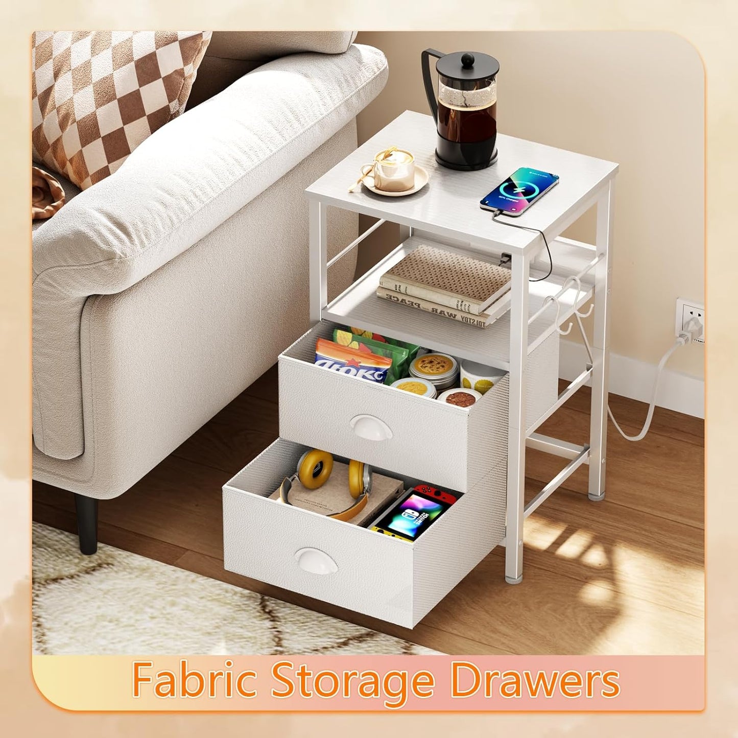 Furologee Nightstands Set of 2, Night Stands with Charging Station, Side Tables with 2 Fabric Drawers, End Tables with Storage Shelves, for Bedroom, White